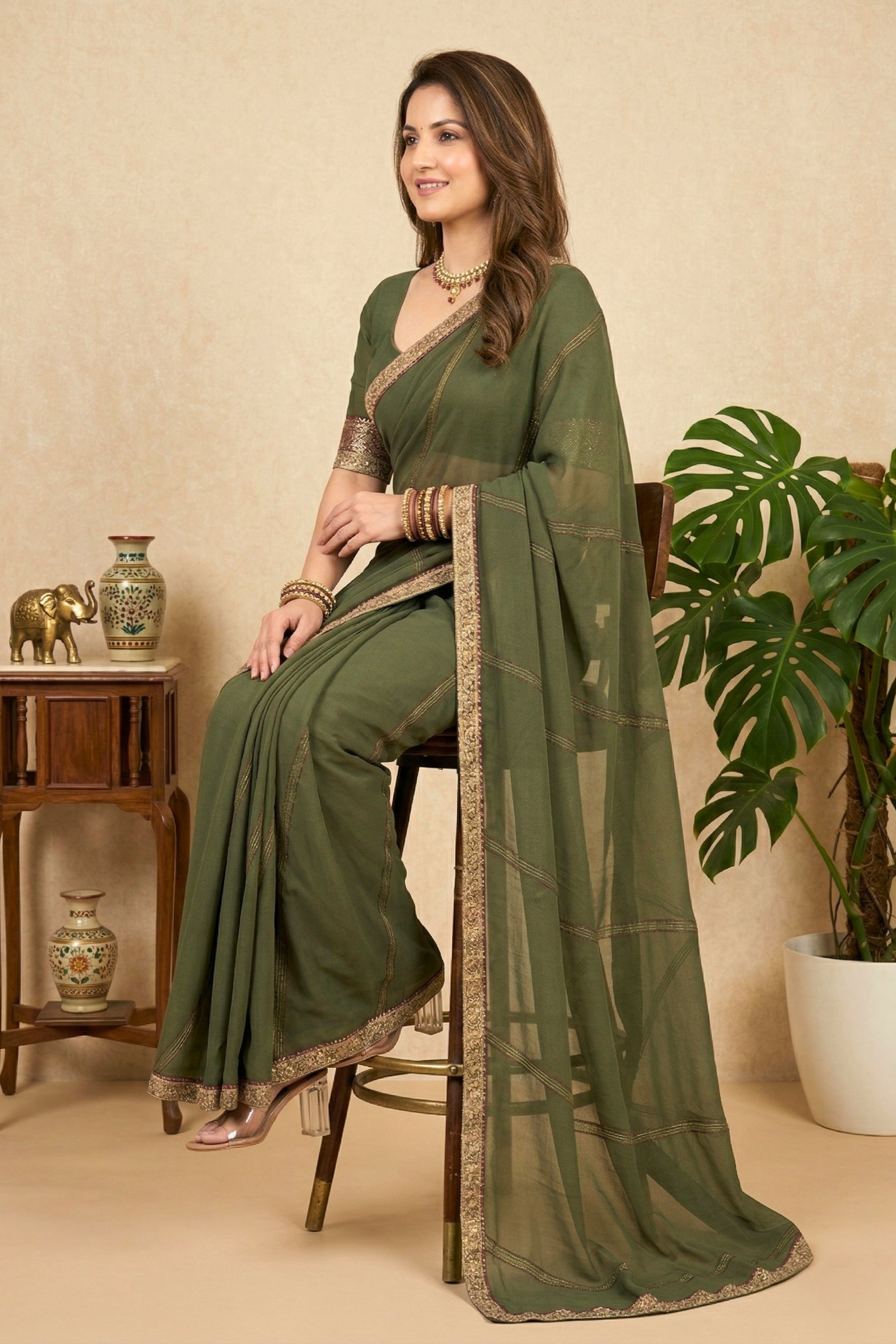 Elegant Olive Green Georgette Saree with Zari Stripes