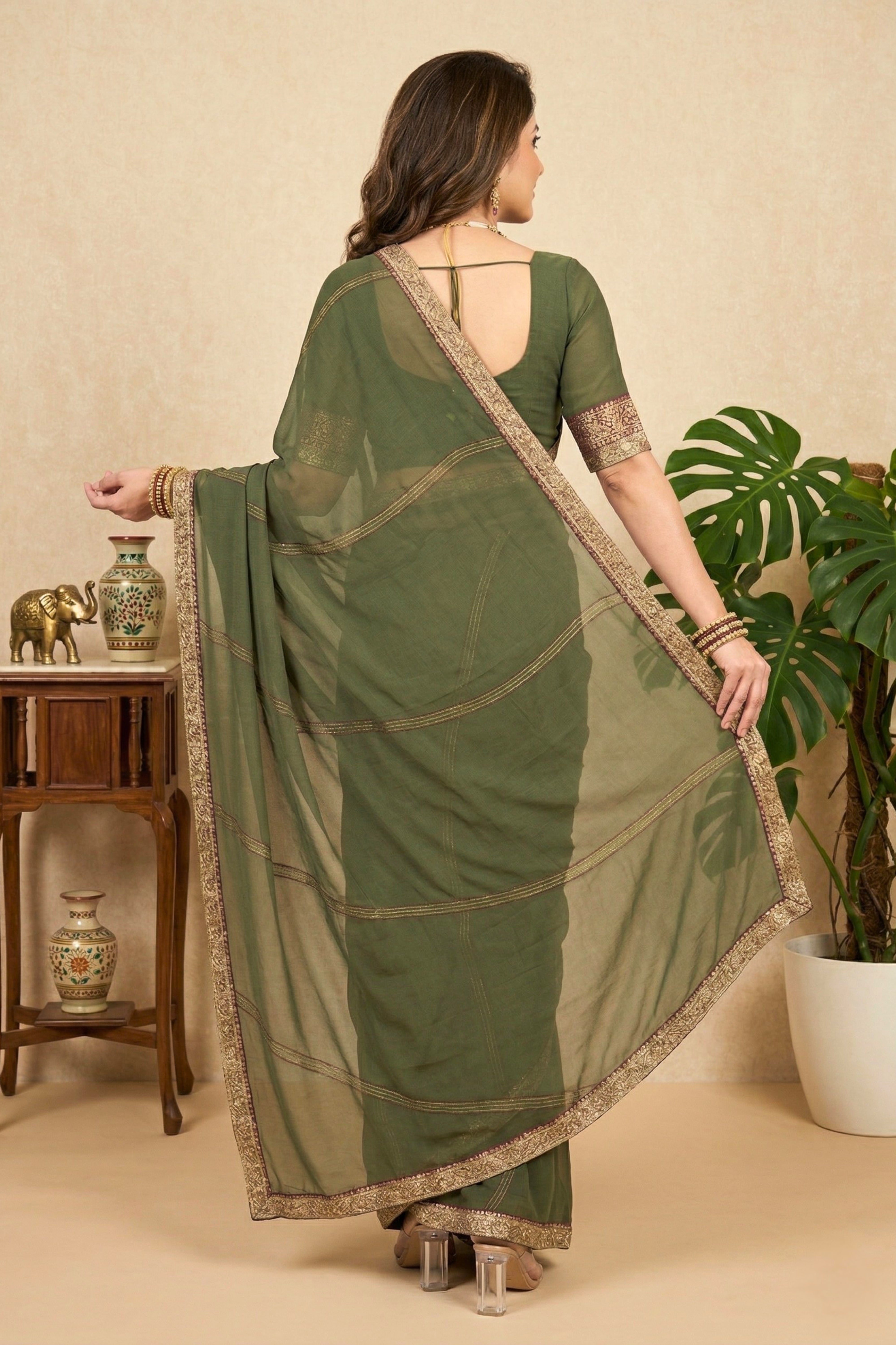 Elegant Olive Green Georgette Saree with Zari Stripes