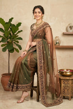 Exquisite Dual-Tone Bronze Shimmer Net Saree with Heavy Jeweled Border
