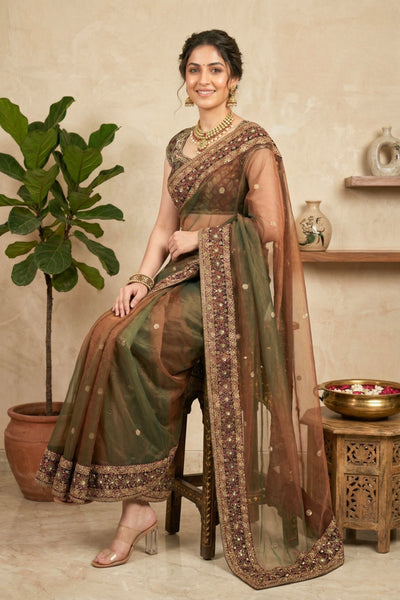 Exquisite Dual-Tone Bronze Shimmer Net Saree with Heavy Jeweled Border