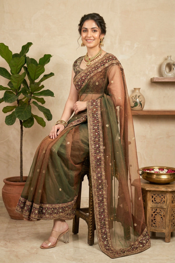 Exquisite Dual-Tone Bronze Shimmer Net Saree with Heavy Jeweled Border