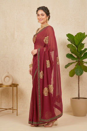 Elegant Maroon Georgette Saree with Golden Floral Motifs