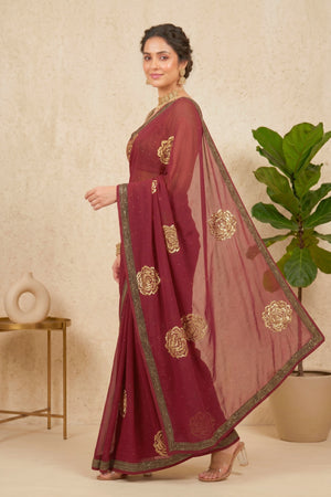 Elegant Maroon Georgette Saree with Golden Floral Motifs
