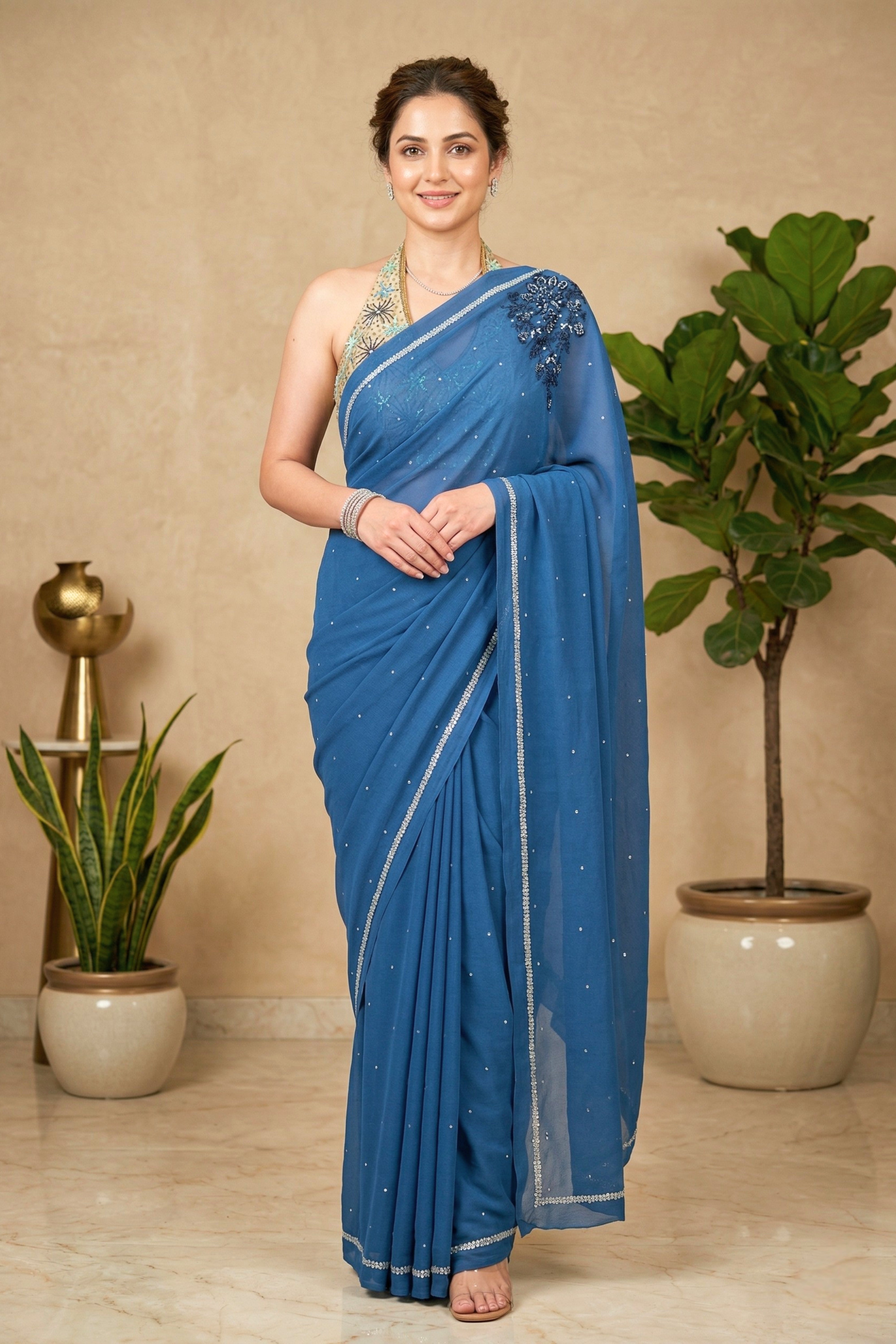 Captivating Steel Blue Georgette Saree with Statement Shoulder Motif