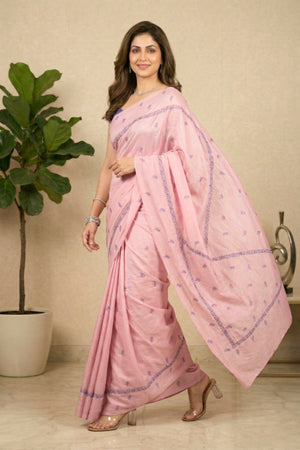 Elegant Blush Pink Crepe Saree with Delicate Blue Threadwork