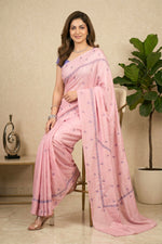 Elegant Blush Pink Crepe Saree with Delicate Blue Threadwork