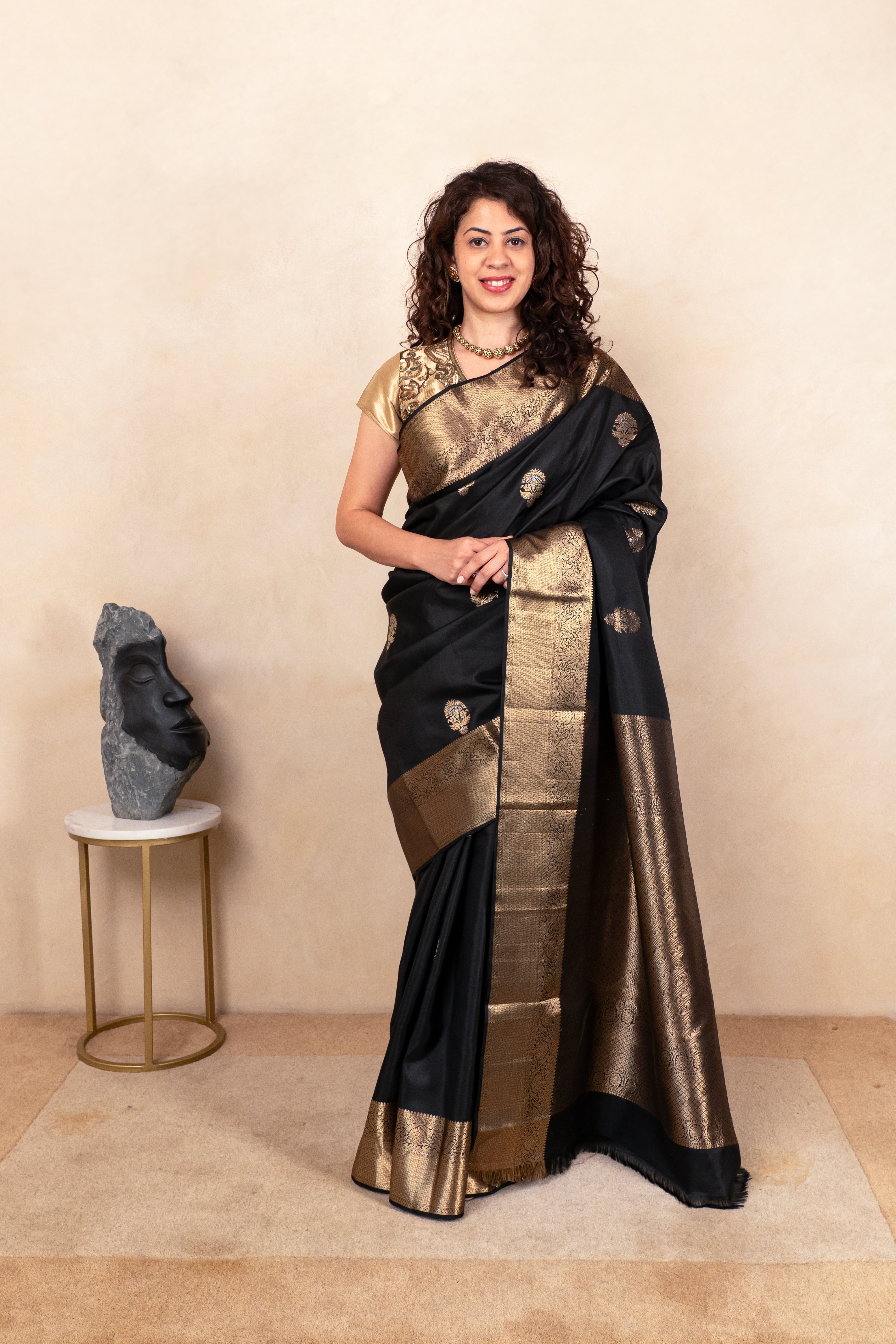 Classic Black Soft South Silk Saree with Heavy Gold Zari
