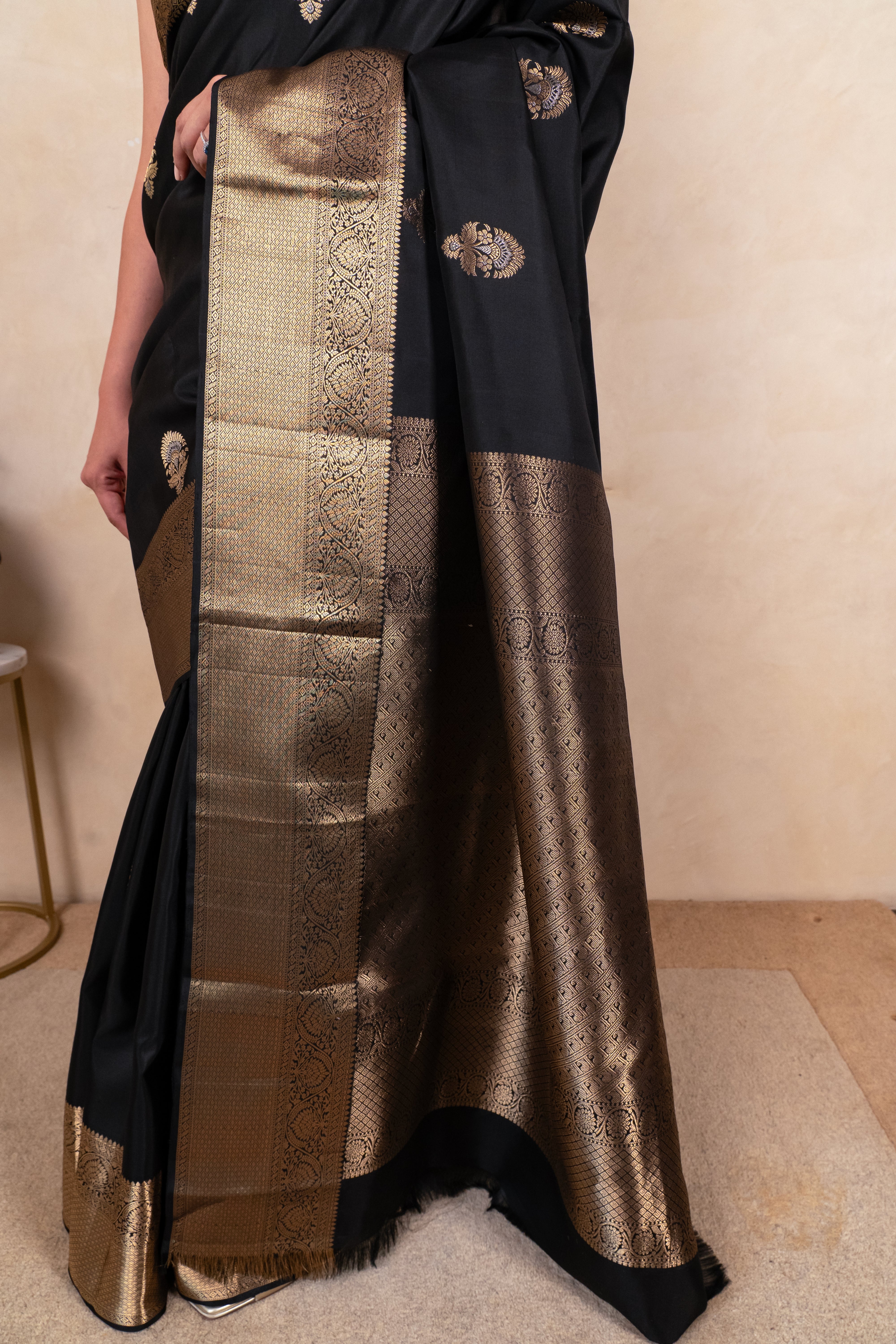 Classic Black Soft South Silk Saree with Heavy Gold Zari