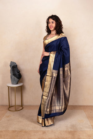 Regal Indigo Blue Soft South Silk Saree with Heavy Gold Zari