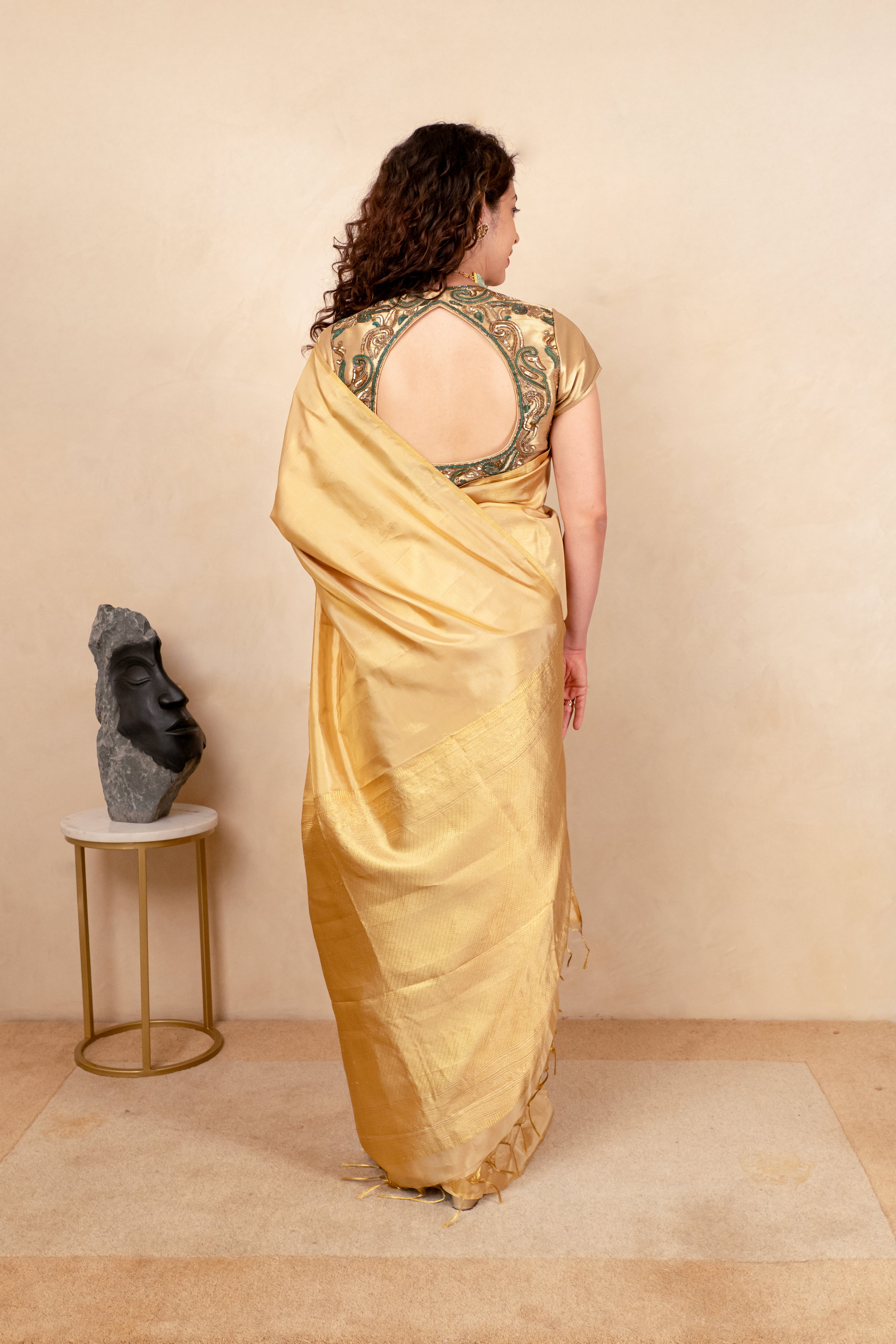 Radiant Gold Tissue Silk Saree with Contrast Ikat Blouse
