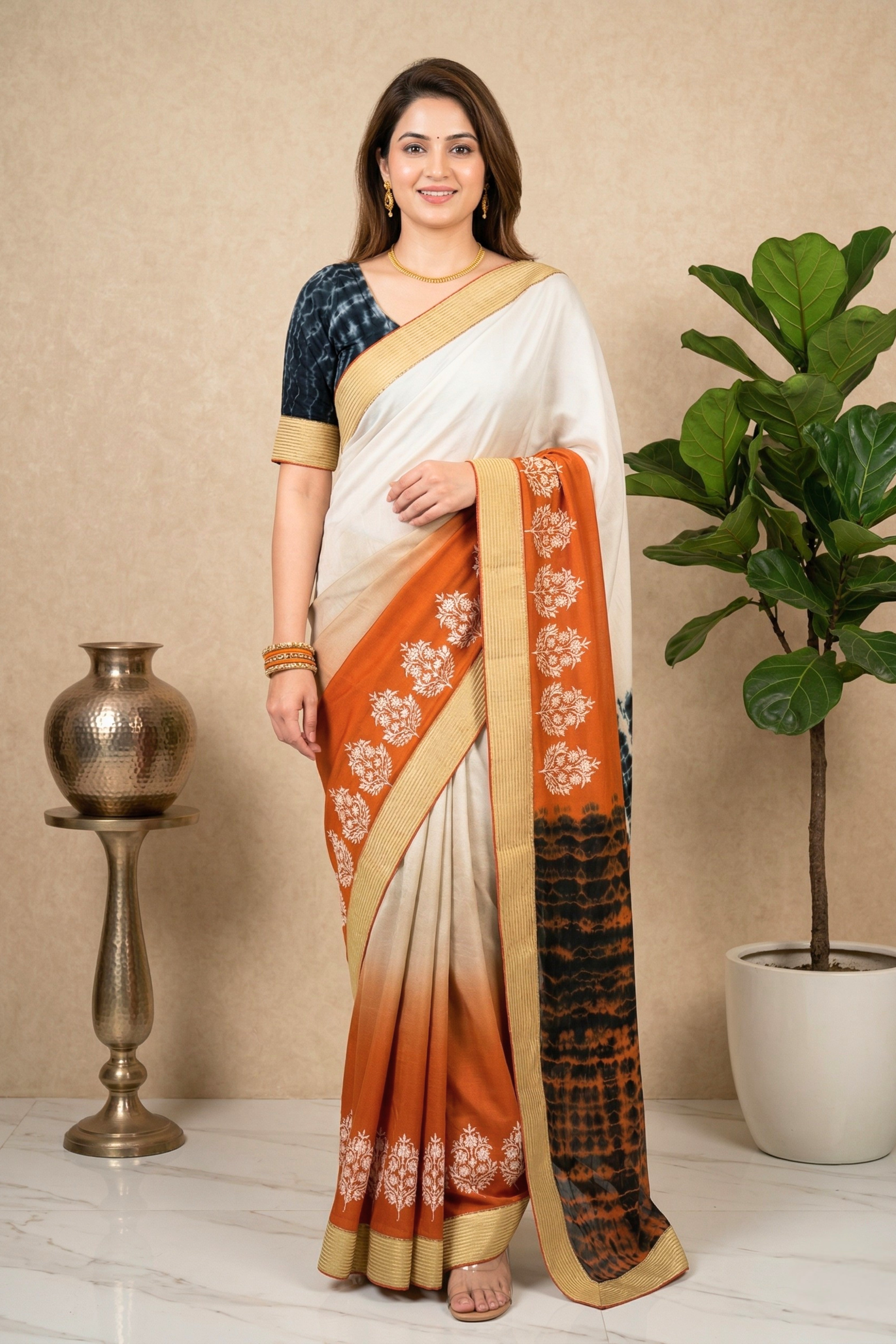 Contemporary Off-White and Rust Georgette Saree with Shibori Pallu