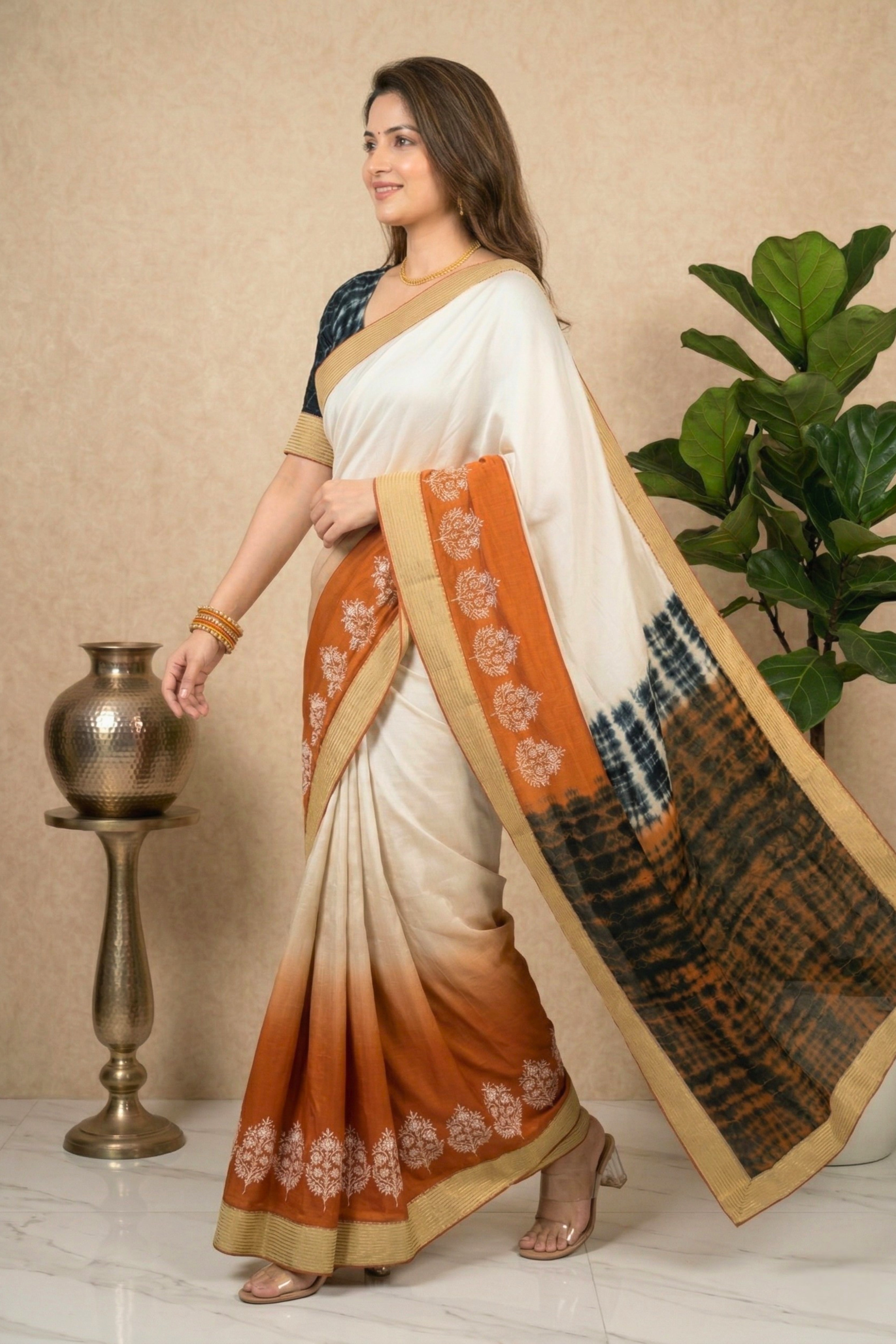 Contemporary Off-White and Rust Georgette Saree with Shibori Pallu