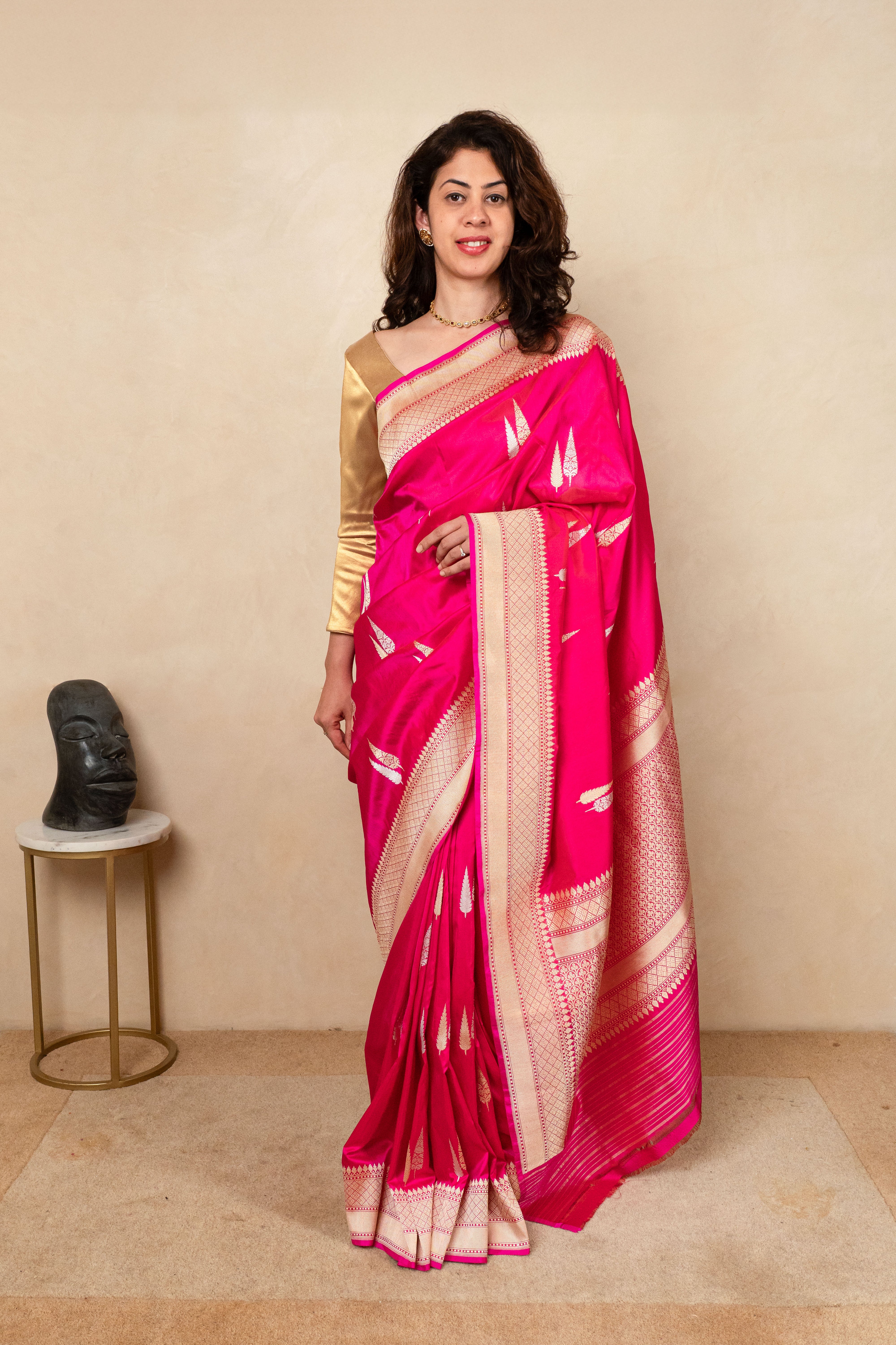 Regal Rani Pink Katan Silk Saree with Zari Leaf Motifs