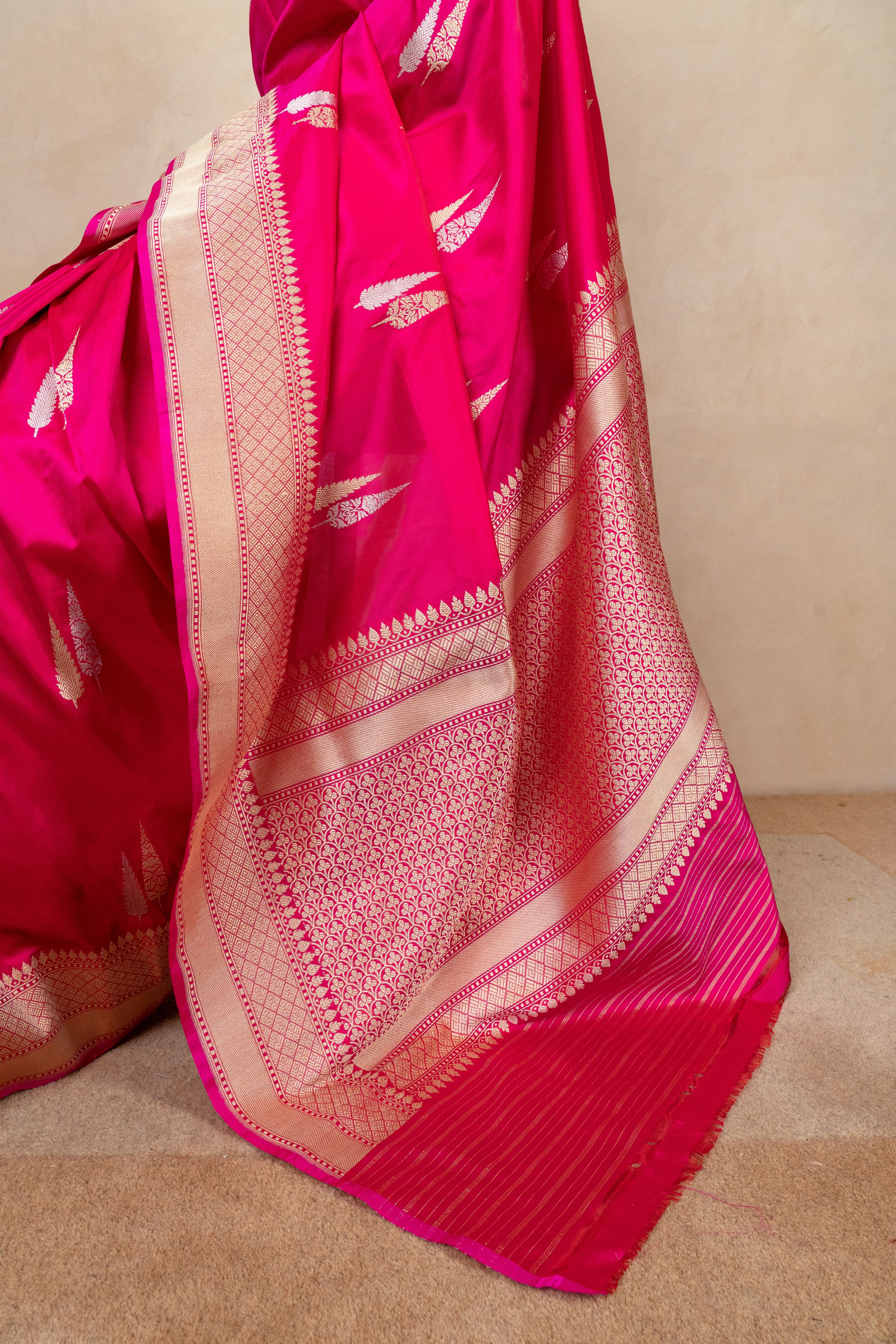 Regal Rani Pink Katan Silk Saree with Zari Leaf Motifs