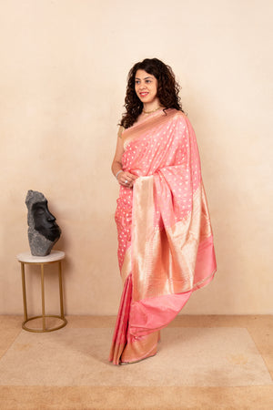 Luxurious Blossom Pink Katan Silk Saree with Gold Zari Work
