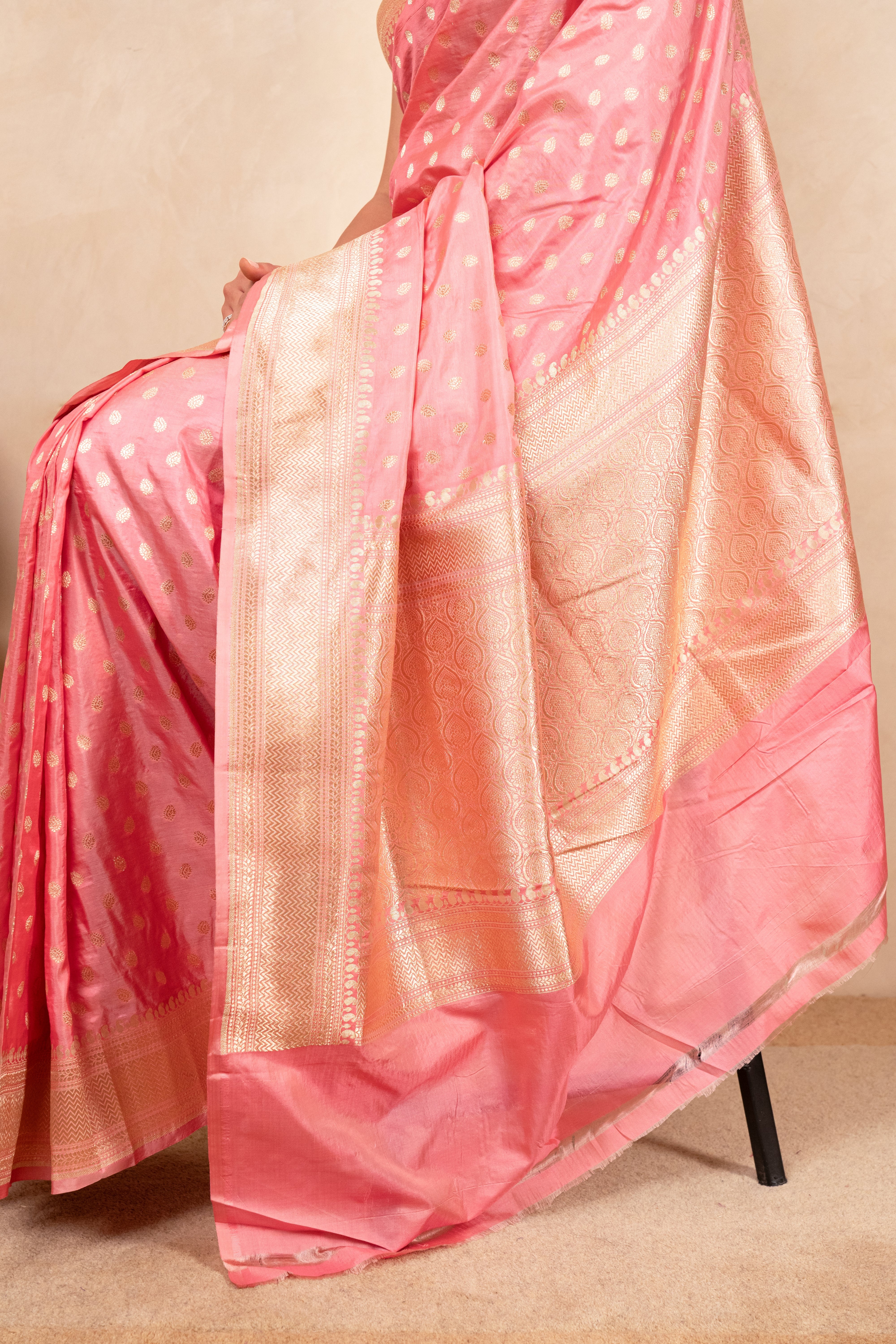 Luxurious Blossom Pink Katan Silk Saree with Gold Zari Work