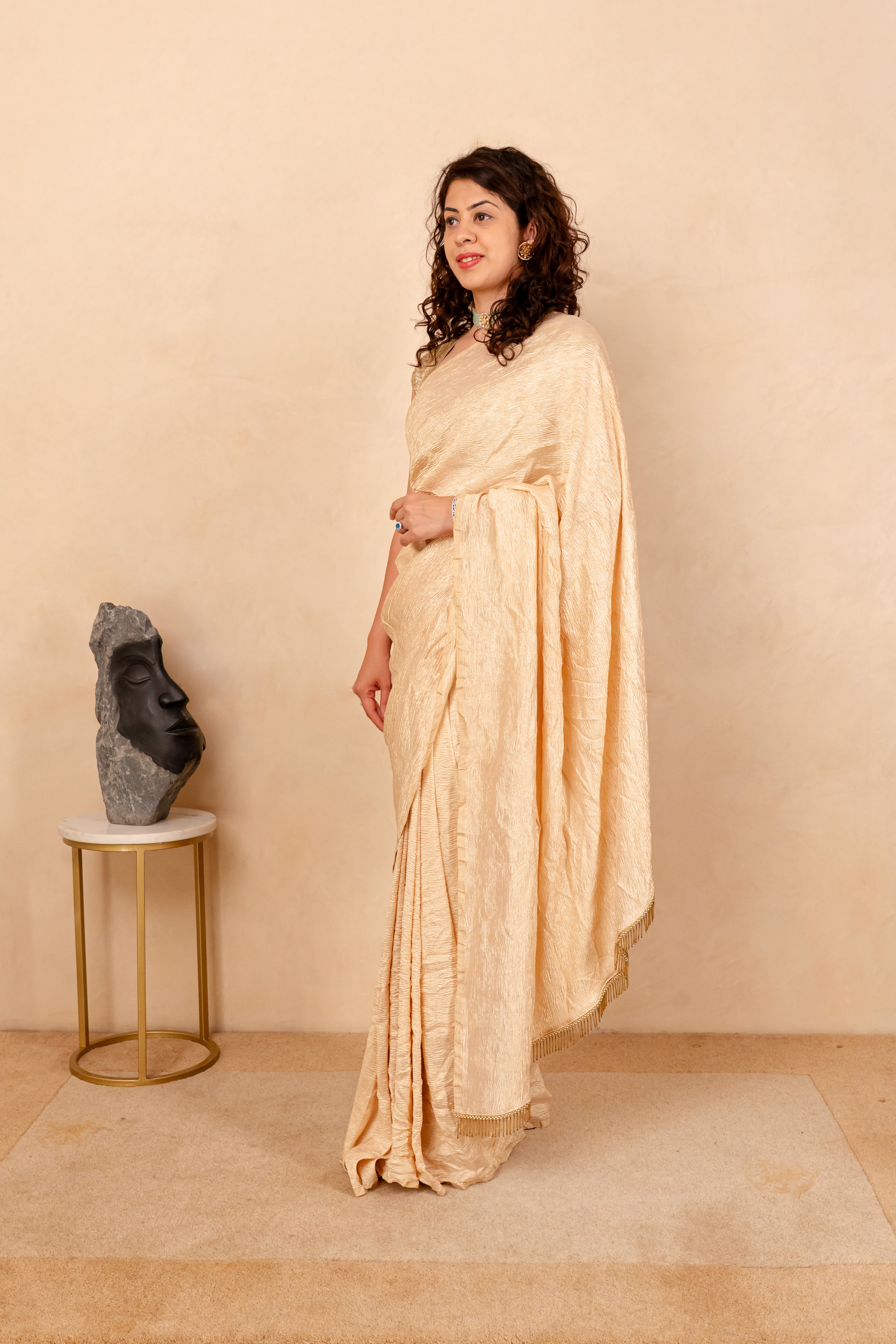 Radiant Champagne Gold Crush Tissue Silk Saree
