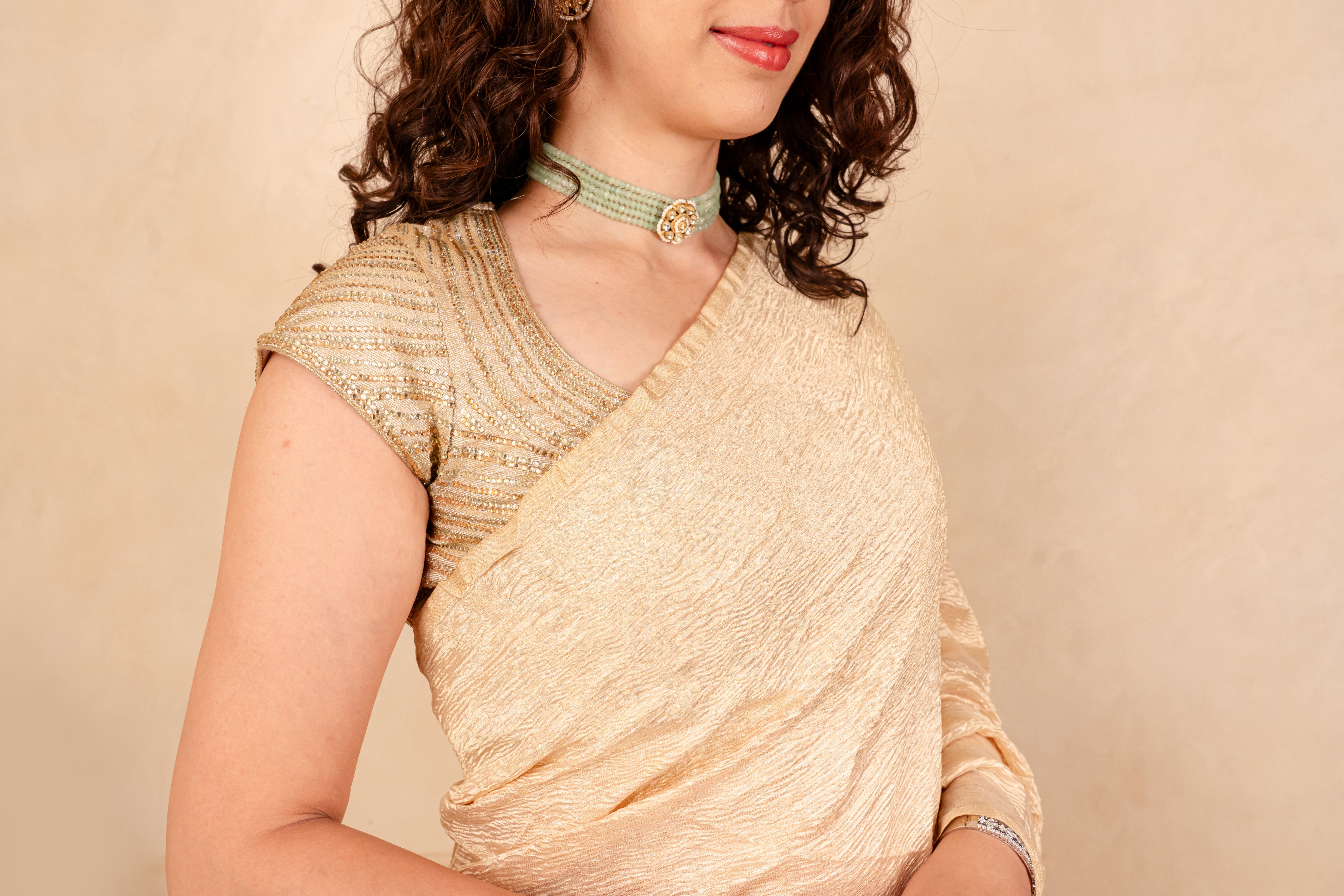 Radiant Champagne Gold Crush Tissue Silk Saree