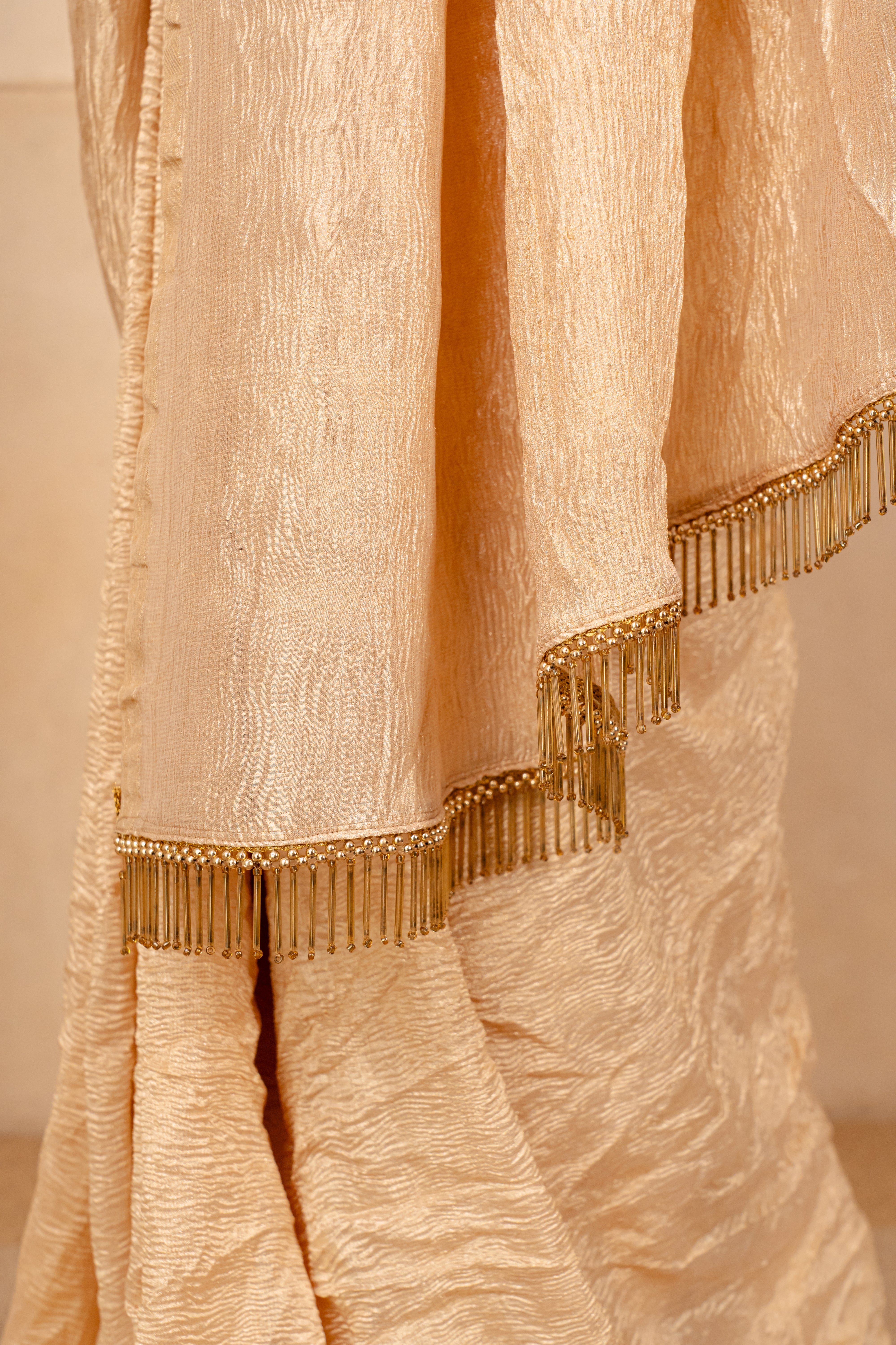 Radiant Champagne Gold Crush Tissue Silk Saree