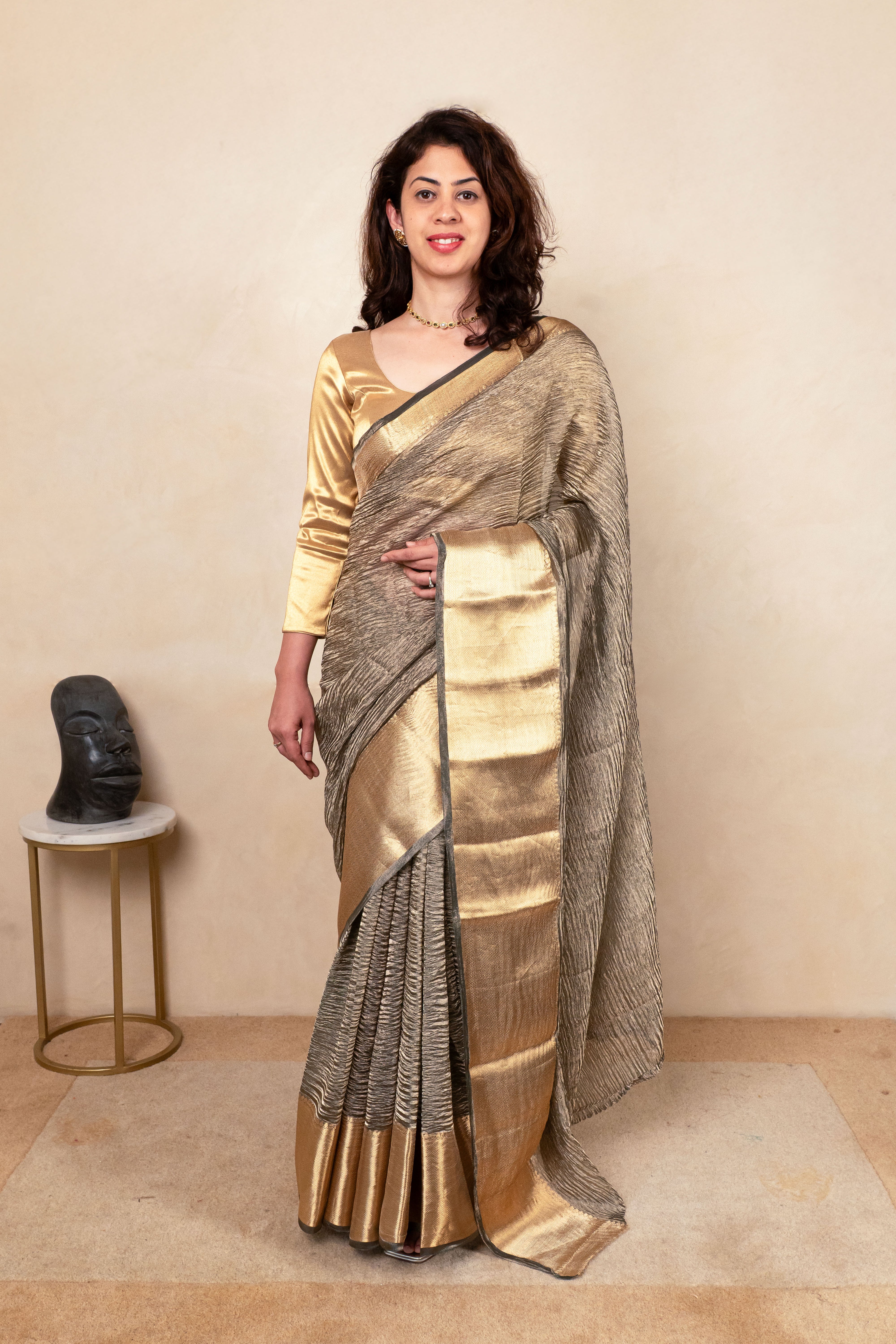 Metallic Grey & Gold Crush Tissue Silk Saree