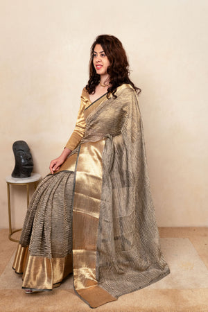 Metallic Grey & Gold Crush Tissue Silk Saree