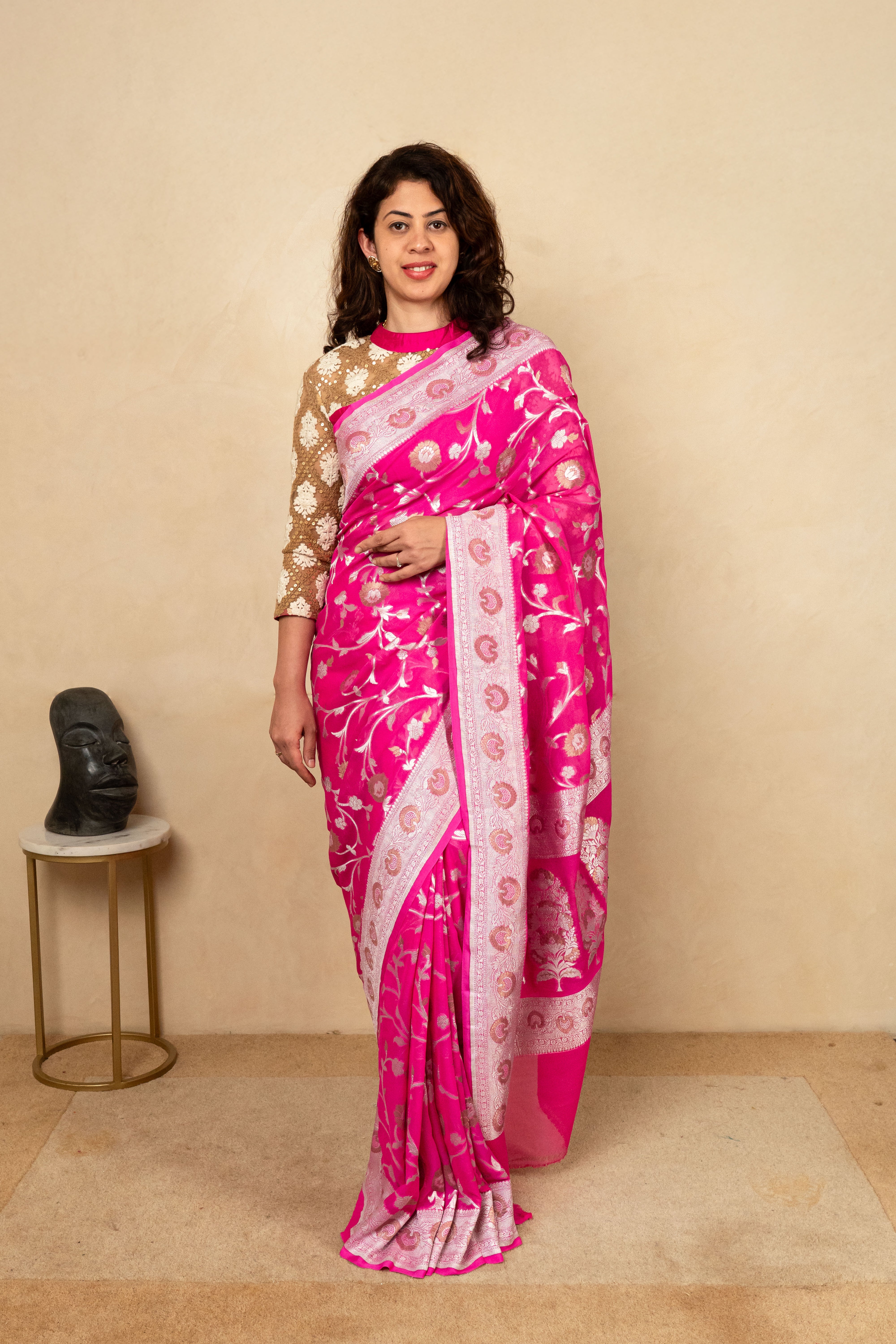 Vibrant Hot Pink Banarasi Georgette Saree