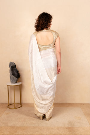 Ethereal White & Gold Soft Tissue Saree with Tassel Detailing