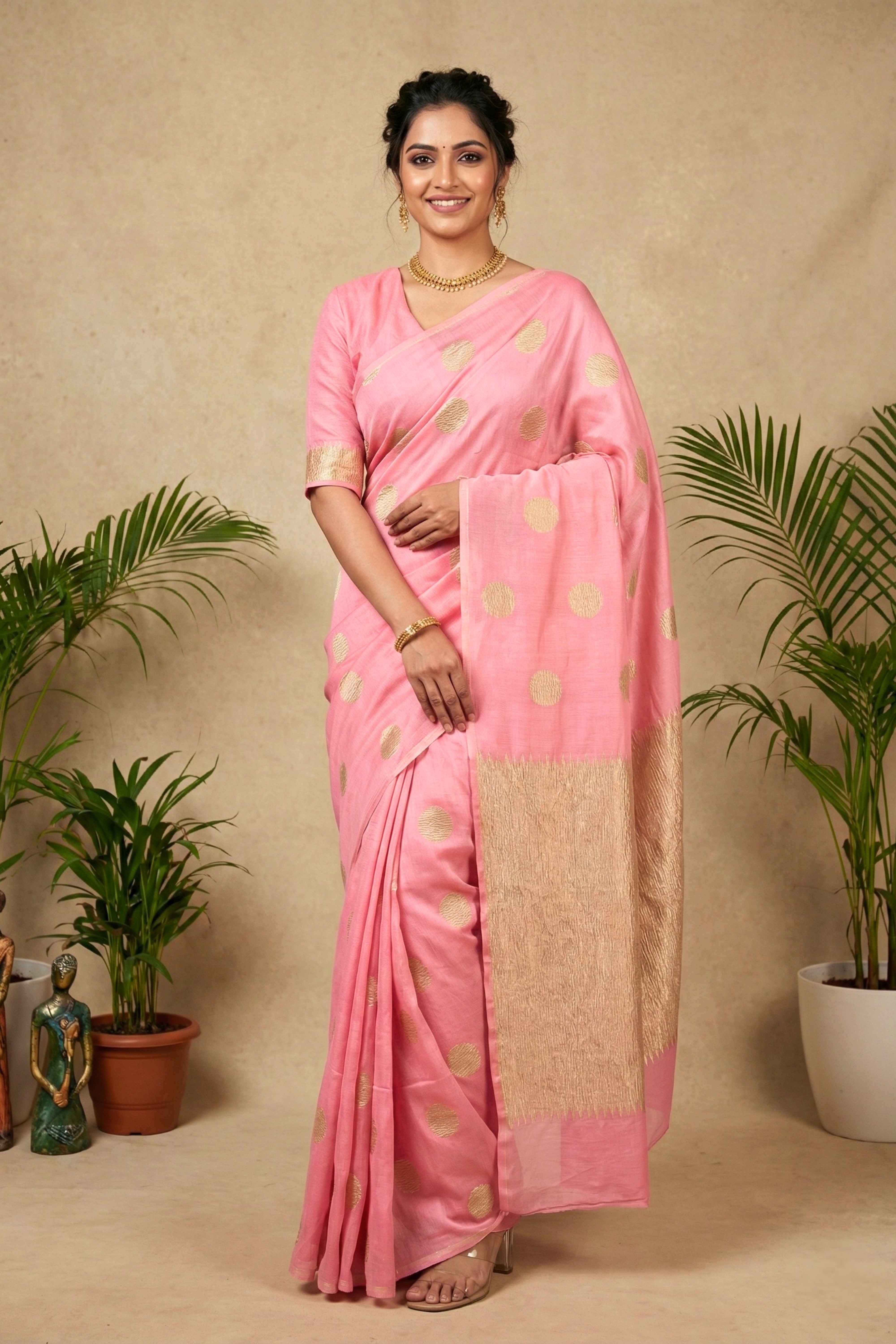 Celebrity Inspired Soft Pastel Pink Moonga Silk Saree with Gold Zari Buttis
