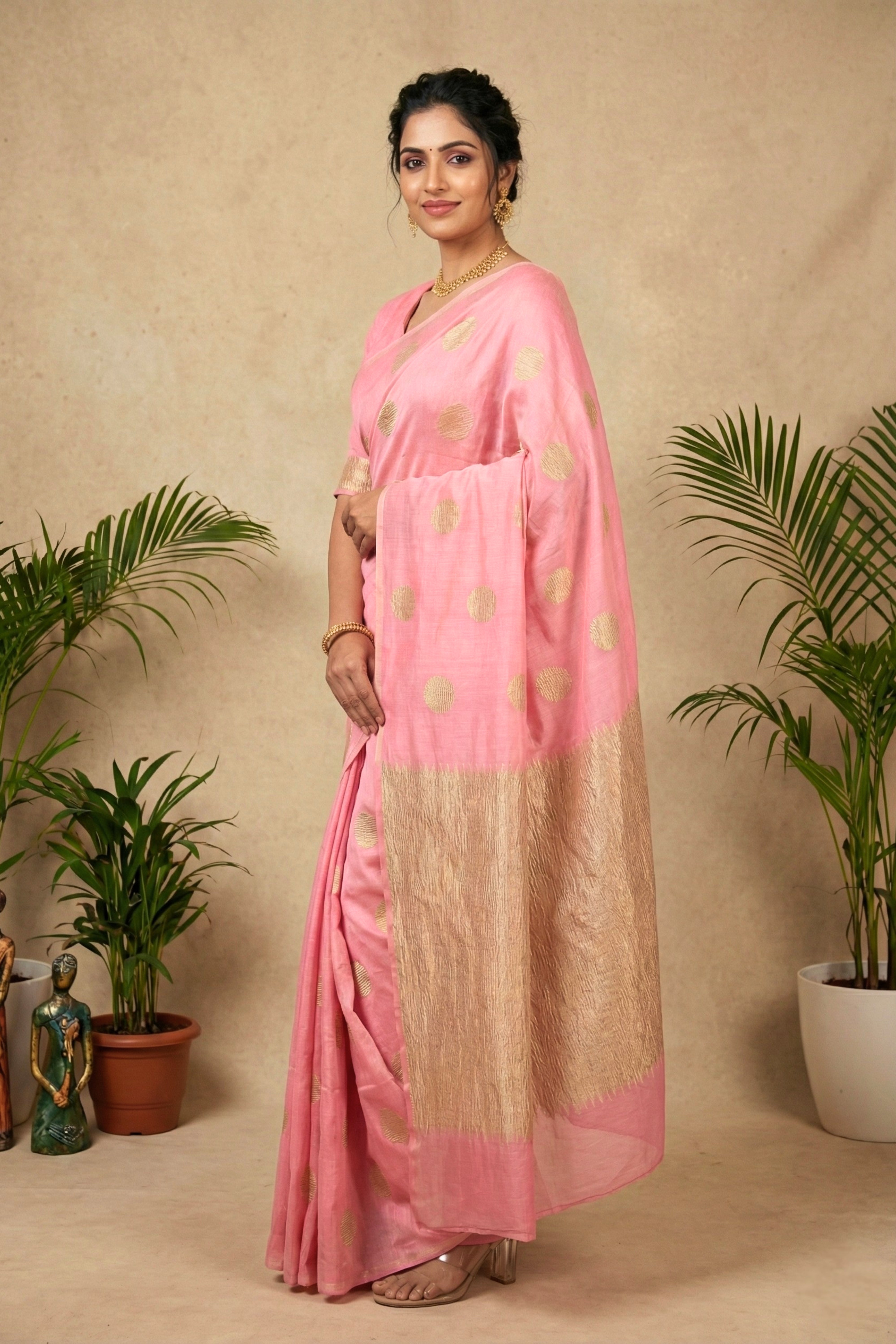 Celebrity Inspired Soft Pastel Pink Moonga Silk Saree with Gold Zari Buttis