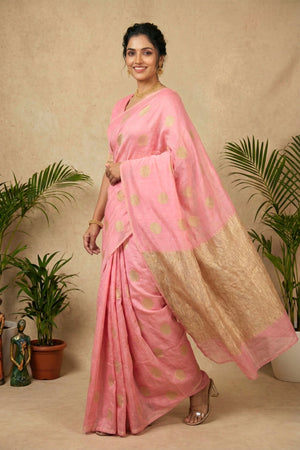 Celebrity Inspired Soft Pastel Pink Moonga Silk Saree with Gold Zari Buttis