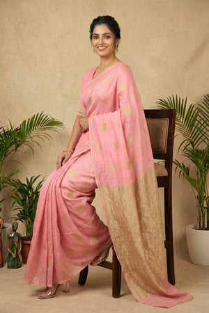 Celebrity Inspired Soft Pastel Pink Moonga Silk Saree with Gold Zari Buttis