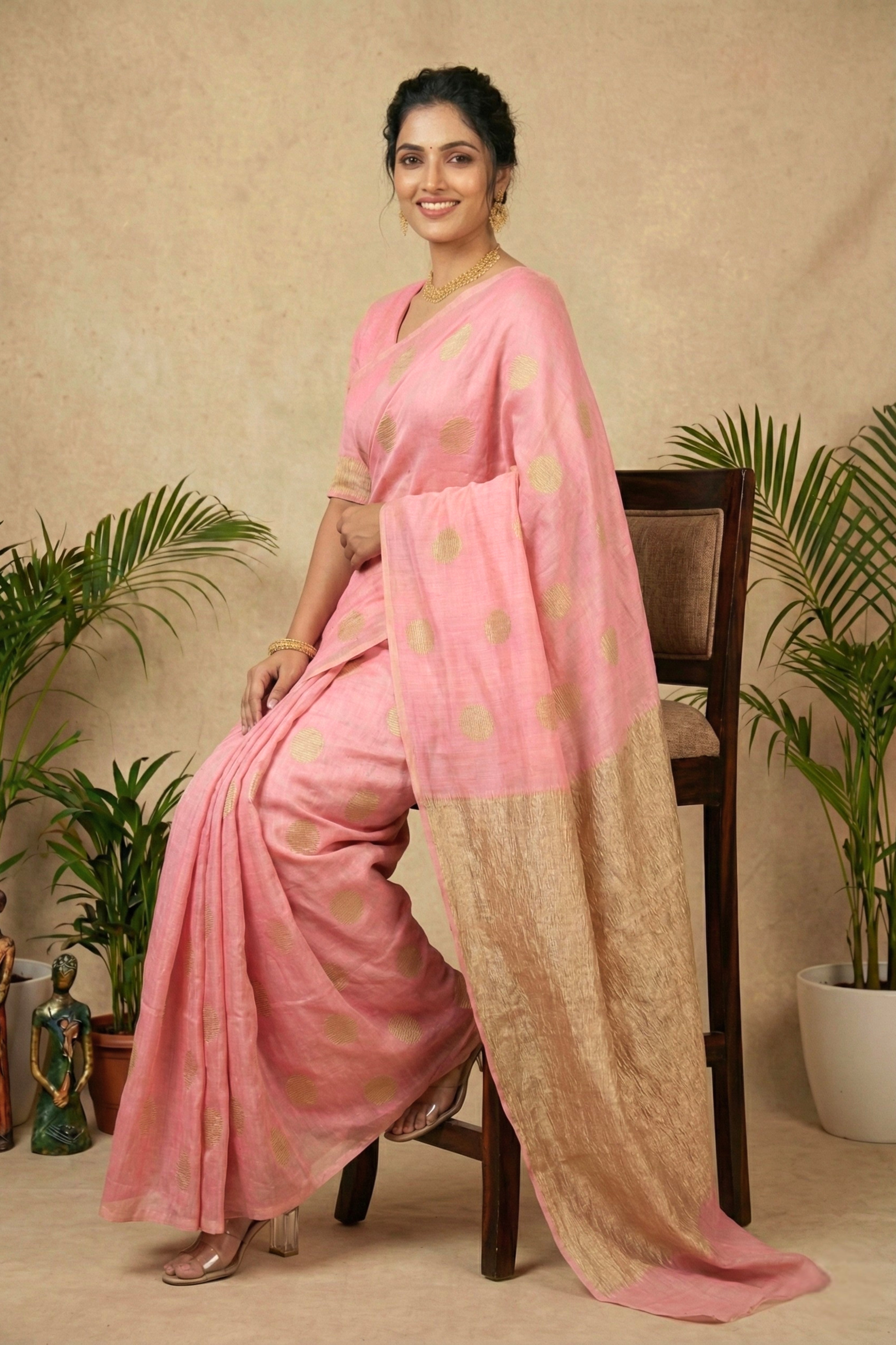 Celebrity Inspired Soft Pastel Pink Moonga Silk Saree with Gold Zari Buttis