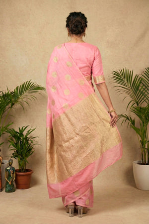 Celebrity Inspired Soft Pastel Pink Moonga Silk Saree with Gold Zari Buttis