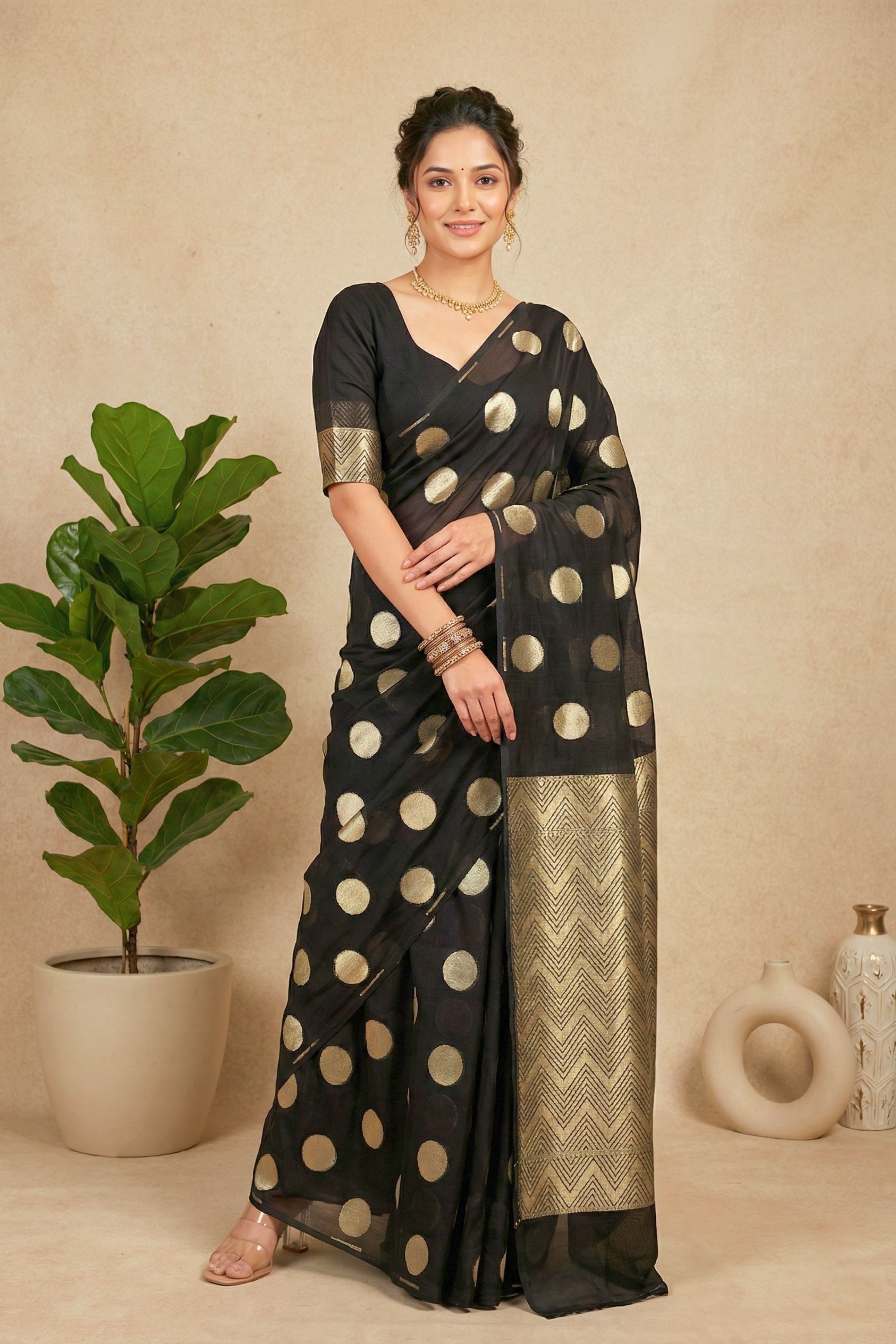 Celebrity Inspired Black & Gold Polka Dot Georgette Saree