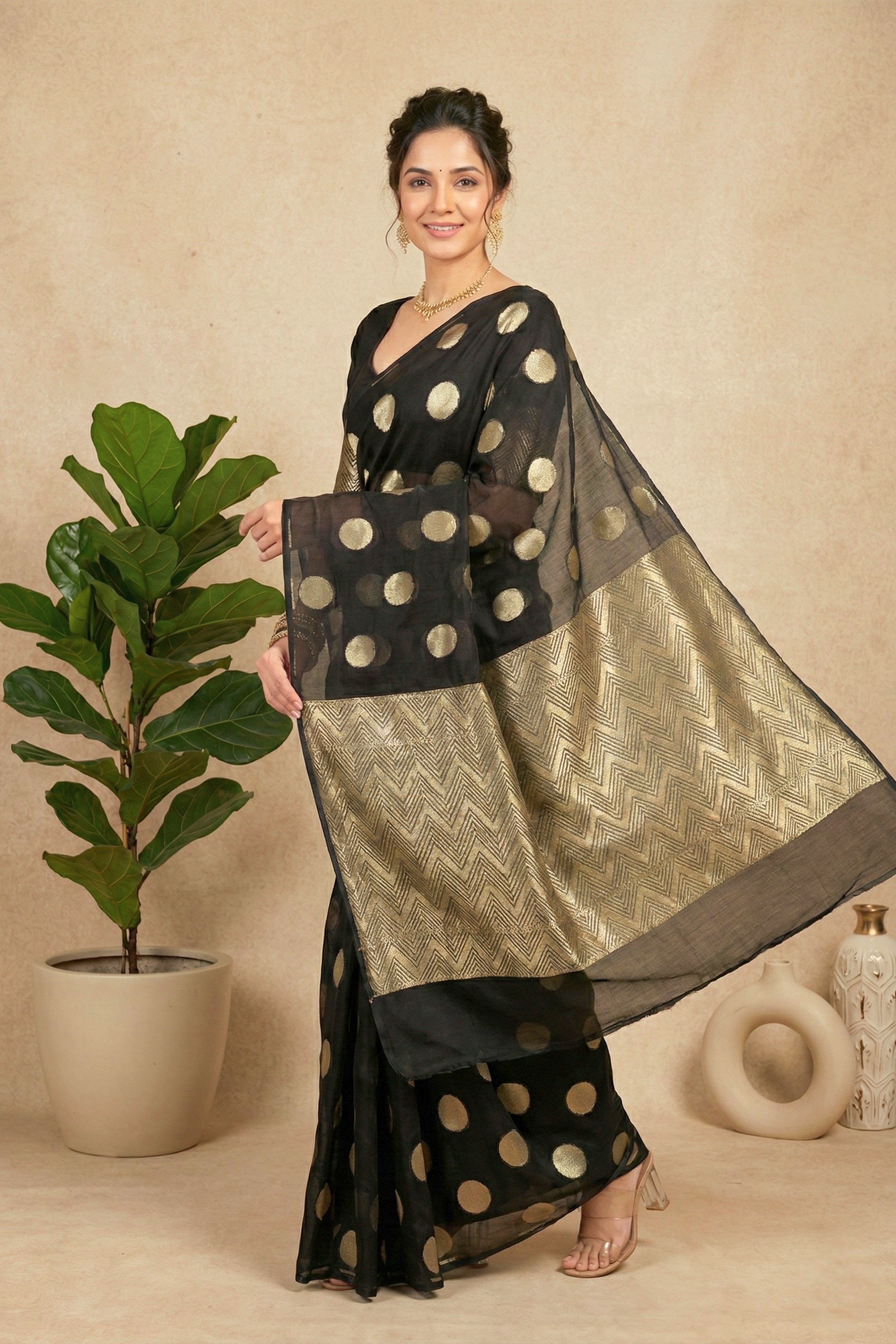 Celebrity Inspired Black & Gold Polka Dot Georgette Saree