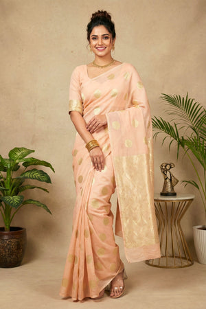 Celebrity Inspired Peach & Gold Polka Dot Georgette Saree