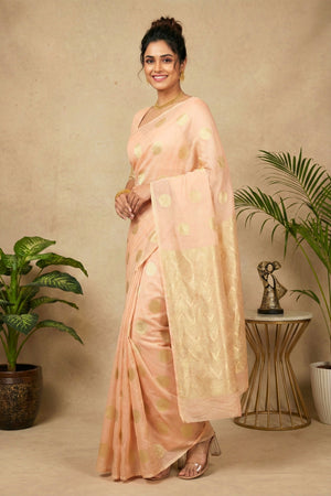 Celebrity Inspired Peach & Gold Polka Dot Georgette Saree
