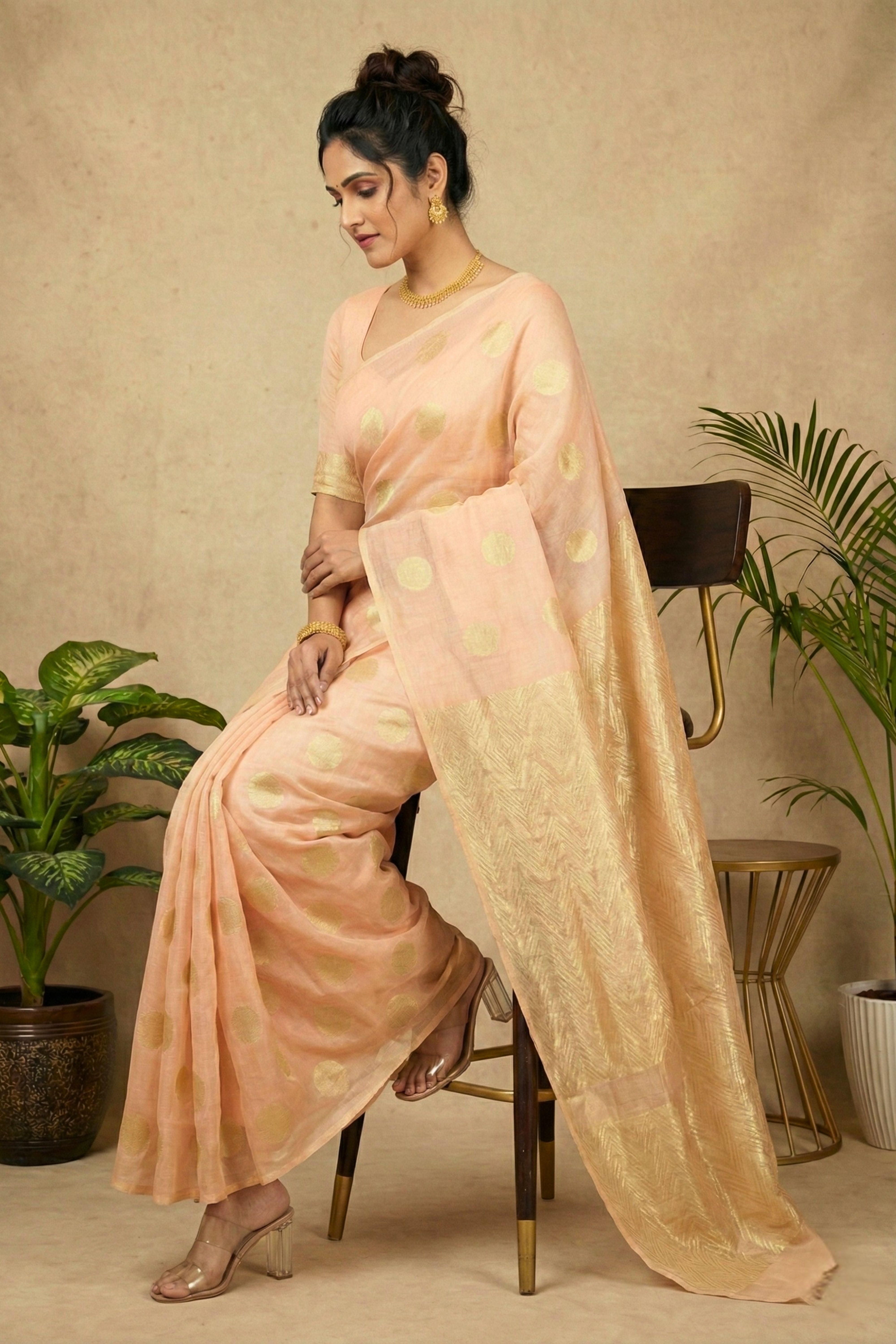 Celebrity Inspired Peach & Gold Polka Dot Georgette Saree