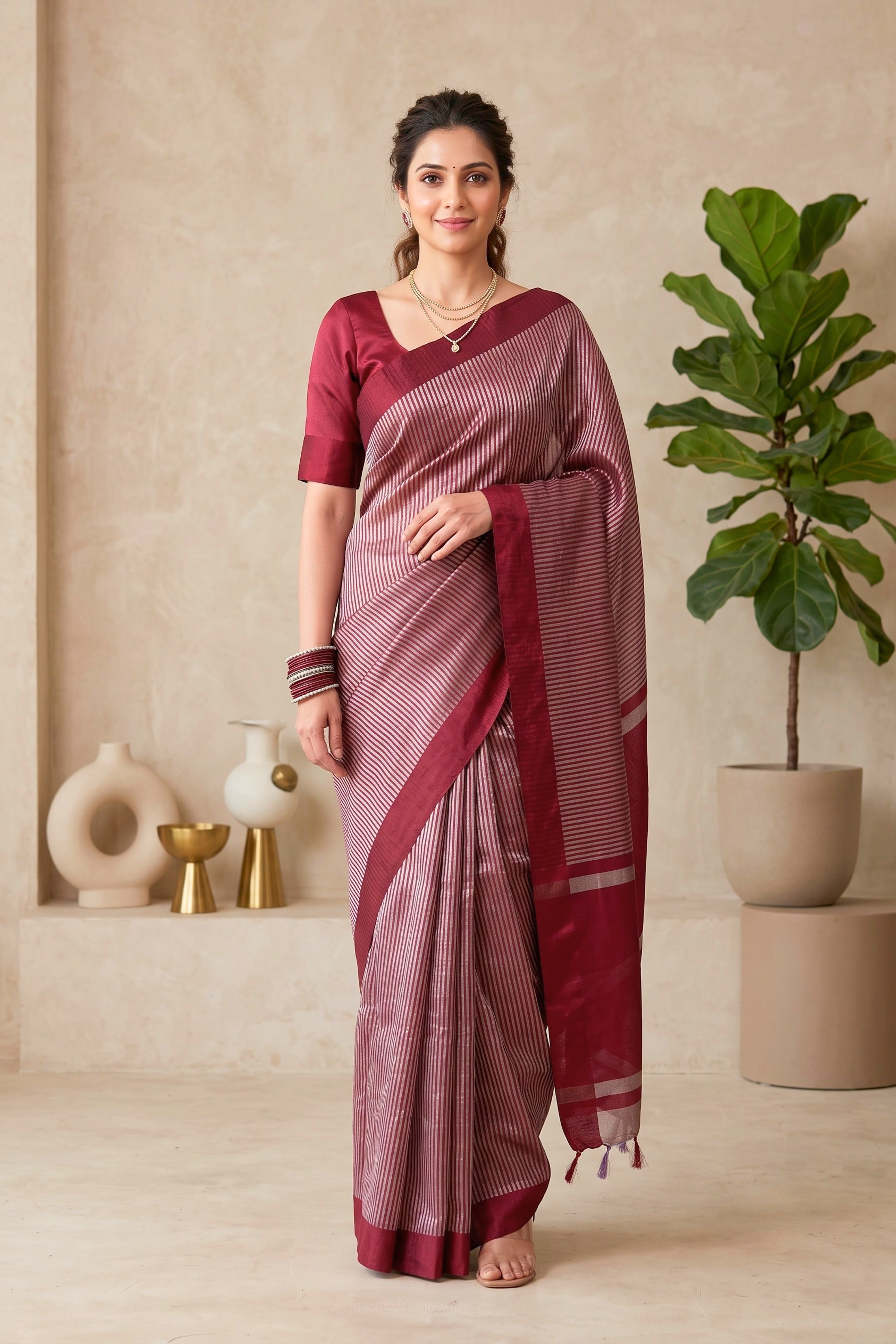 Celebrity Inspired Exquisite Maroon Striped Tissue Saree