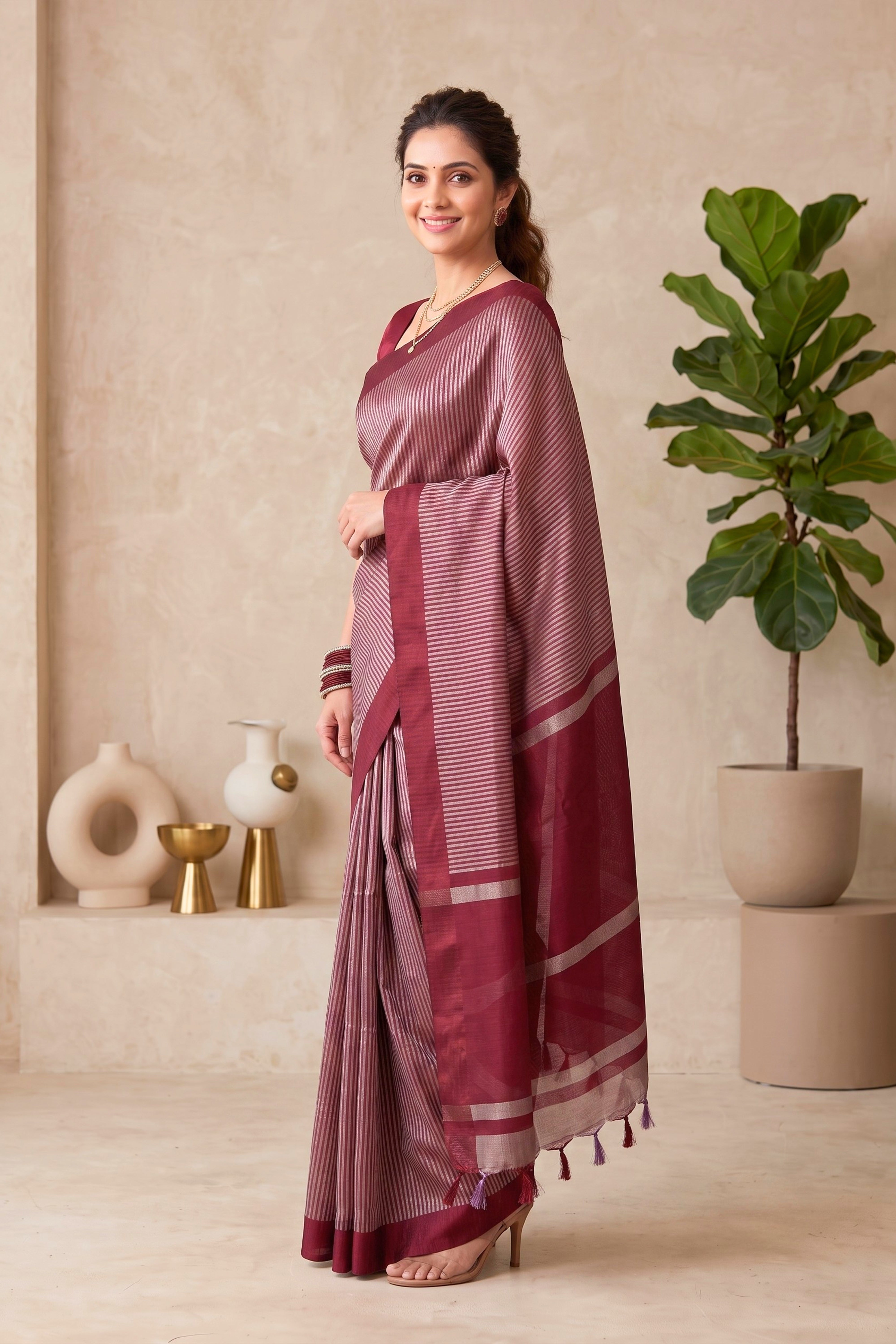 Celebrity Inspired Exquisite Maroon Striped Tissue Saree
