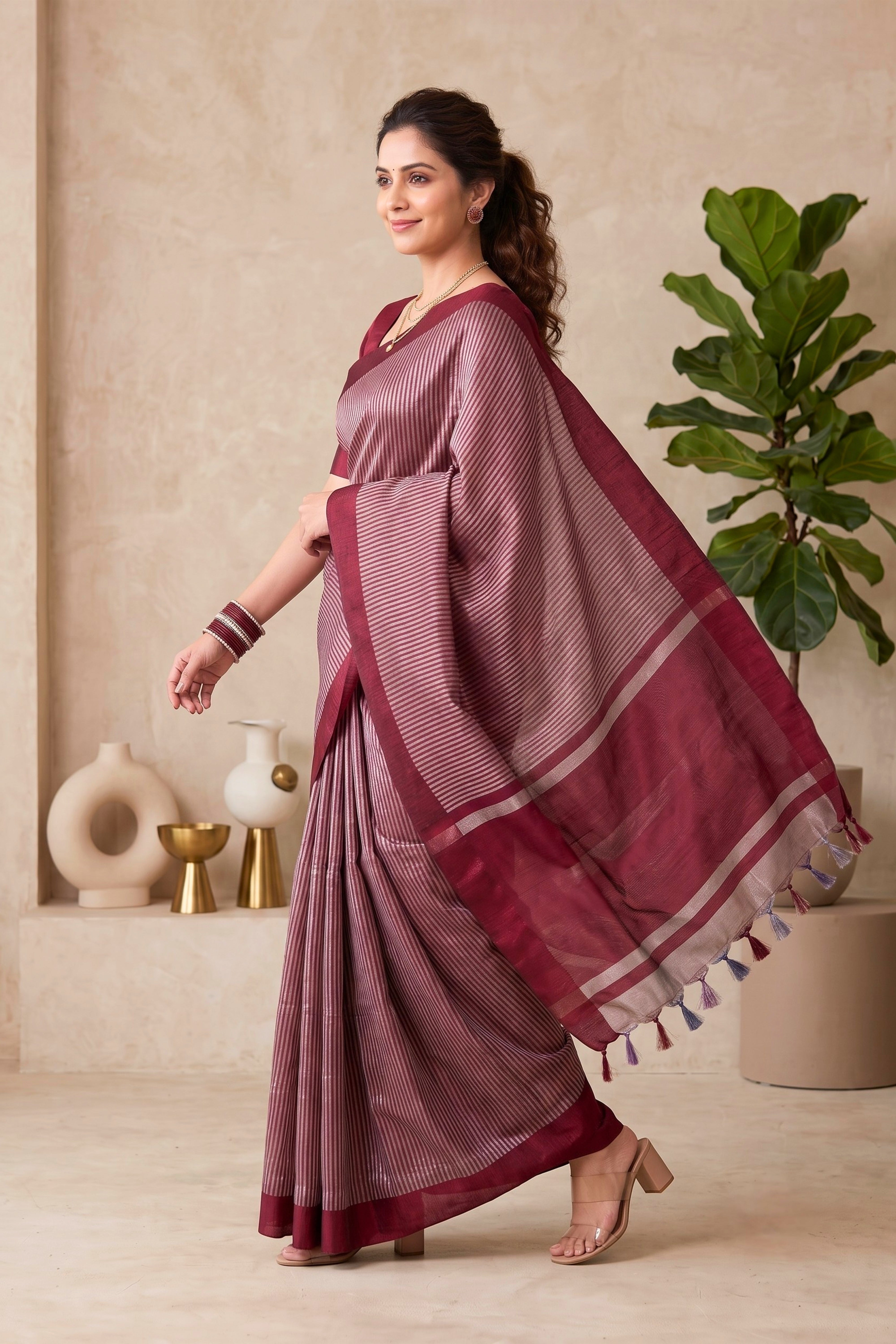 Celebrity Inspired Exquisite Maroon Striped Tissue Saree
