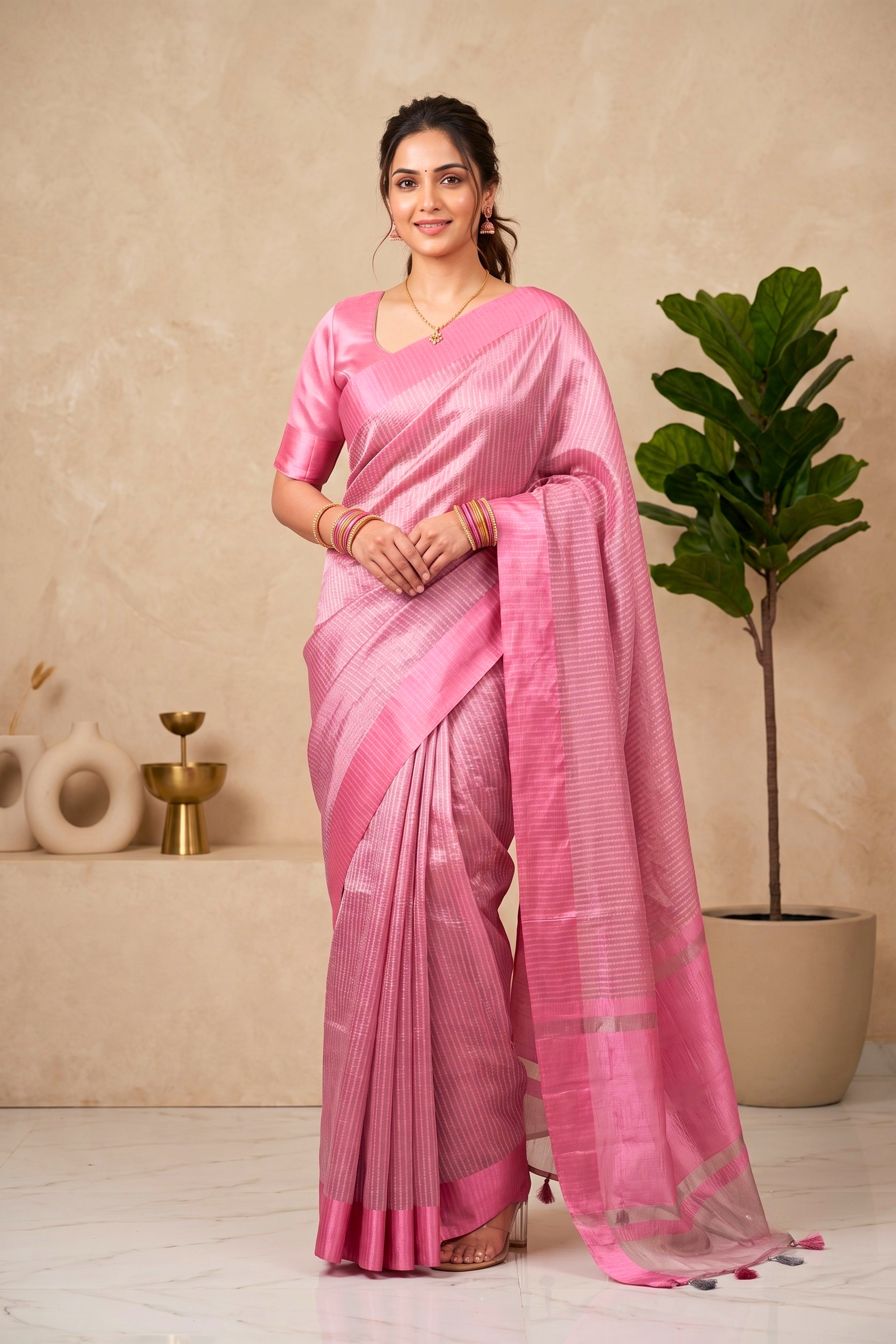 Elegant Rose Pink Striped Tissue Saree