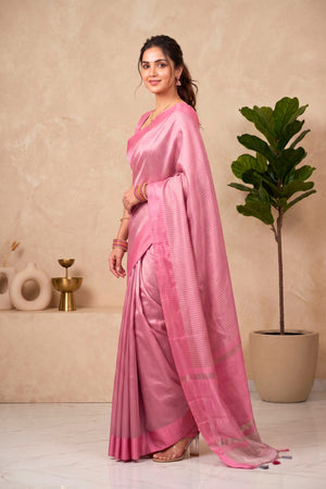 Elegant Rose Pink Striped Tissue Saree
