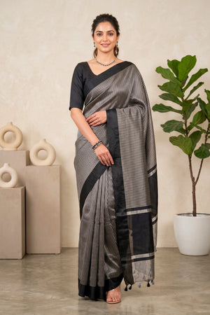 Celebrity-Inspired Black & Silver Striped Tissue Saree