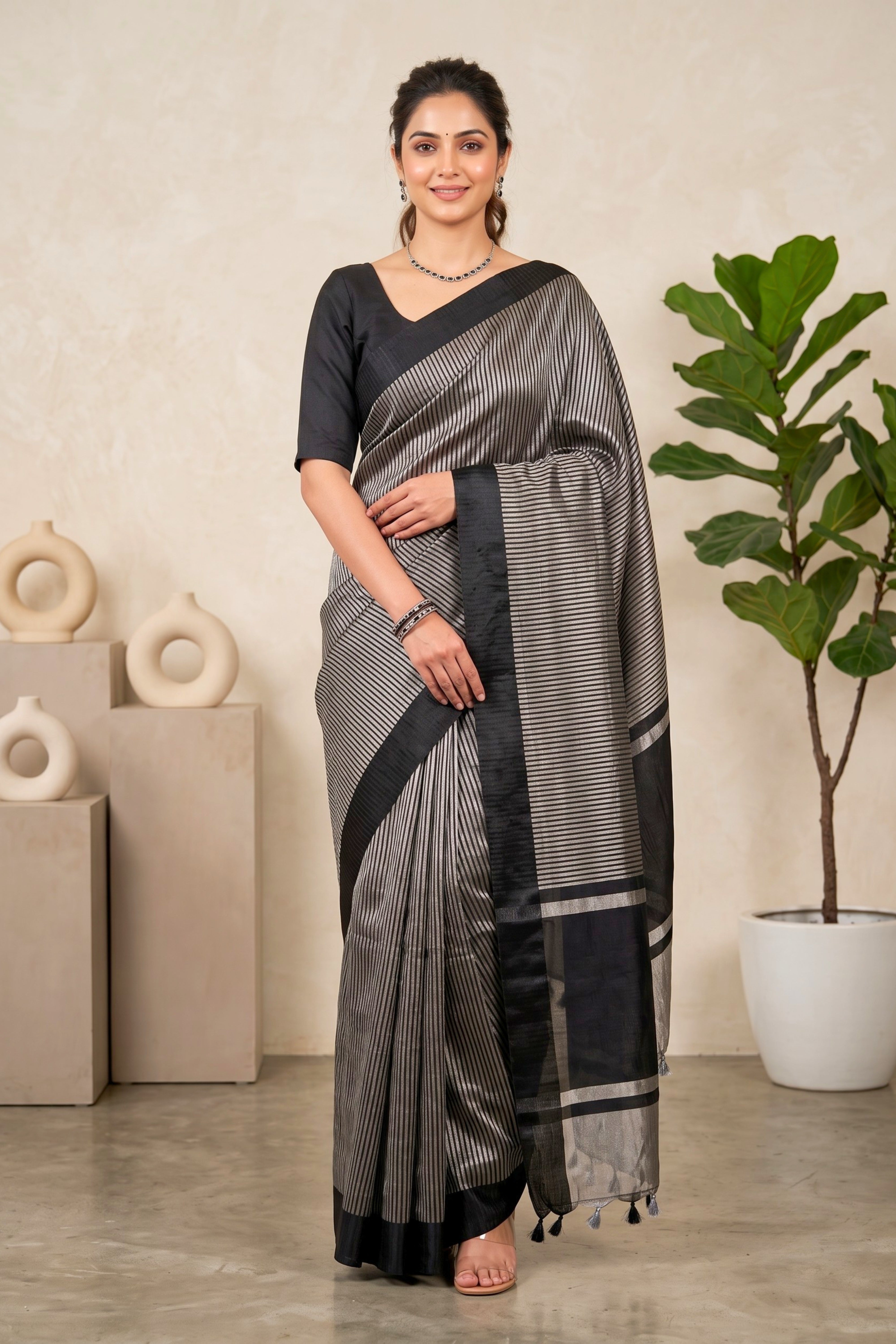 Celebrity-Inspired Black & Silver Striped Tissue Saree