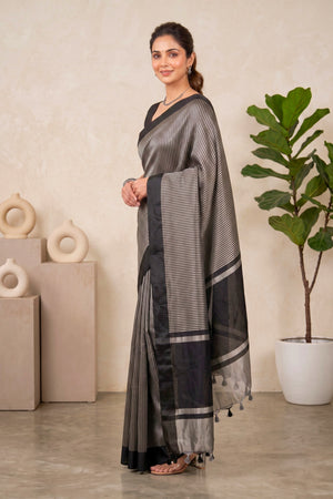 Celebrity-Inspired Black & Silver Striped Tissue Saree