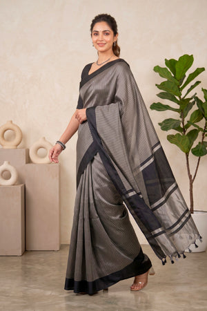 Celebrity-Inspired Black & Silver Striped Tissue Saree