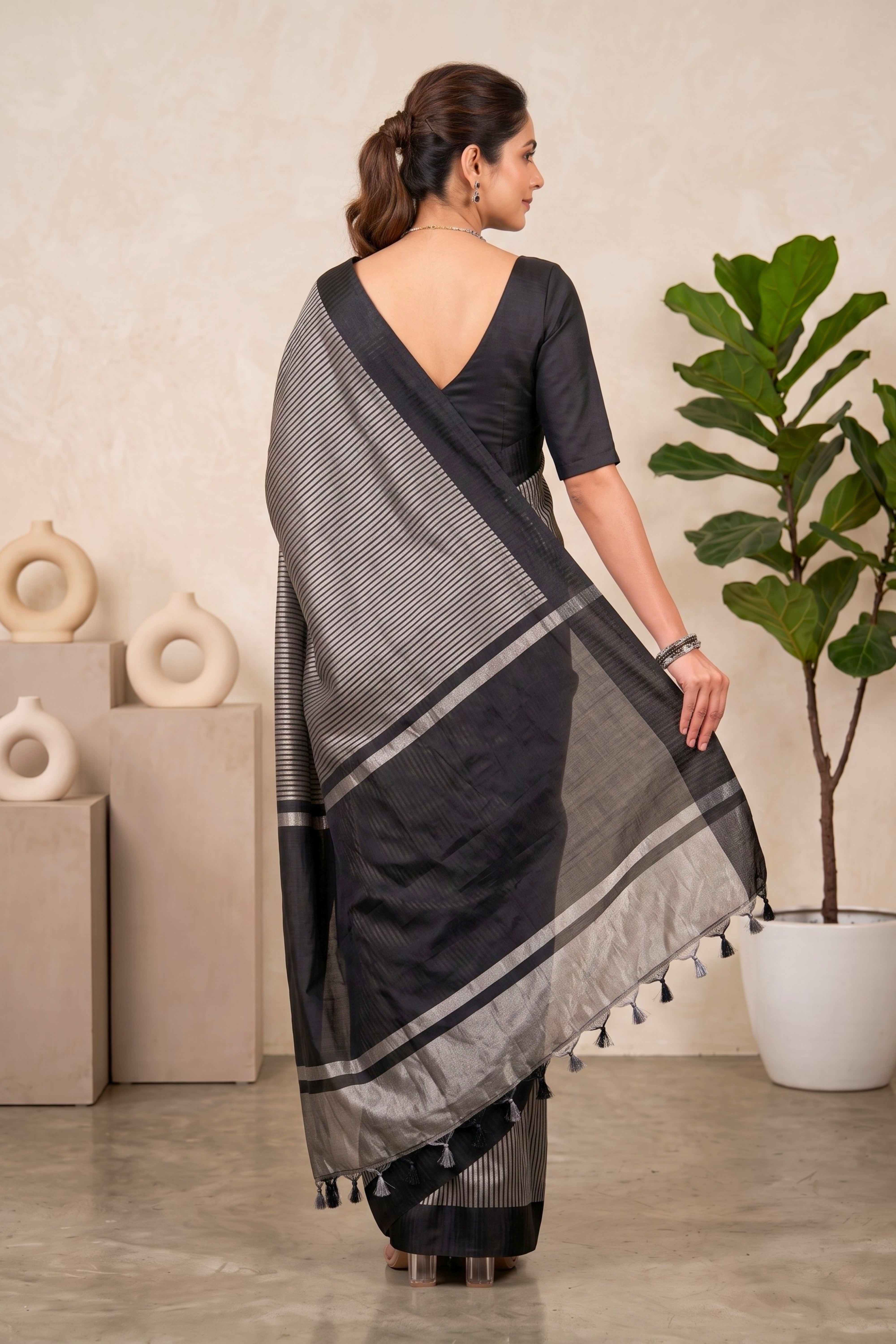 Celebrity-Inspired Black & Silver Striped Tissue Saree