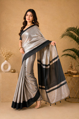 Celebrity-Inspired Metallic Silver & Black Tissue Saree