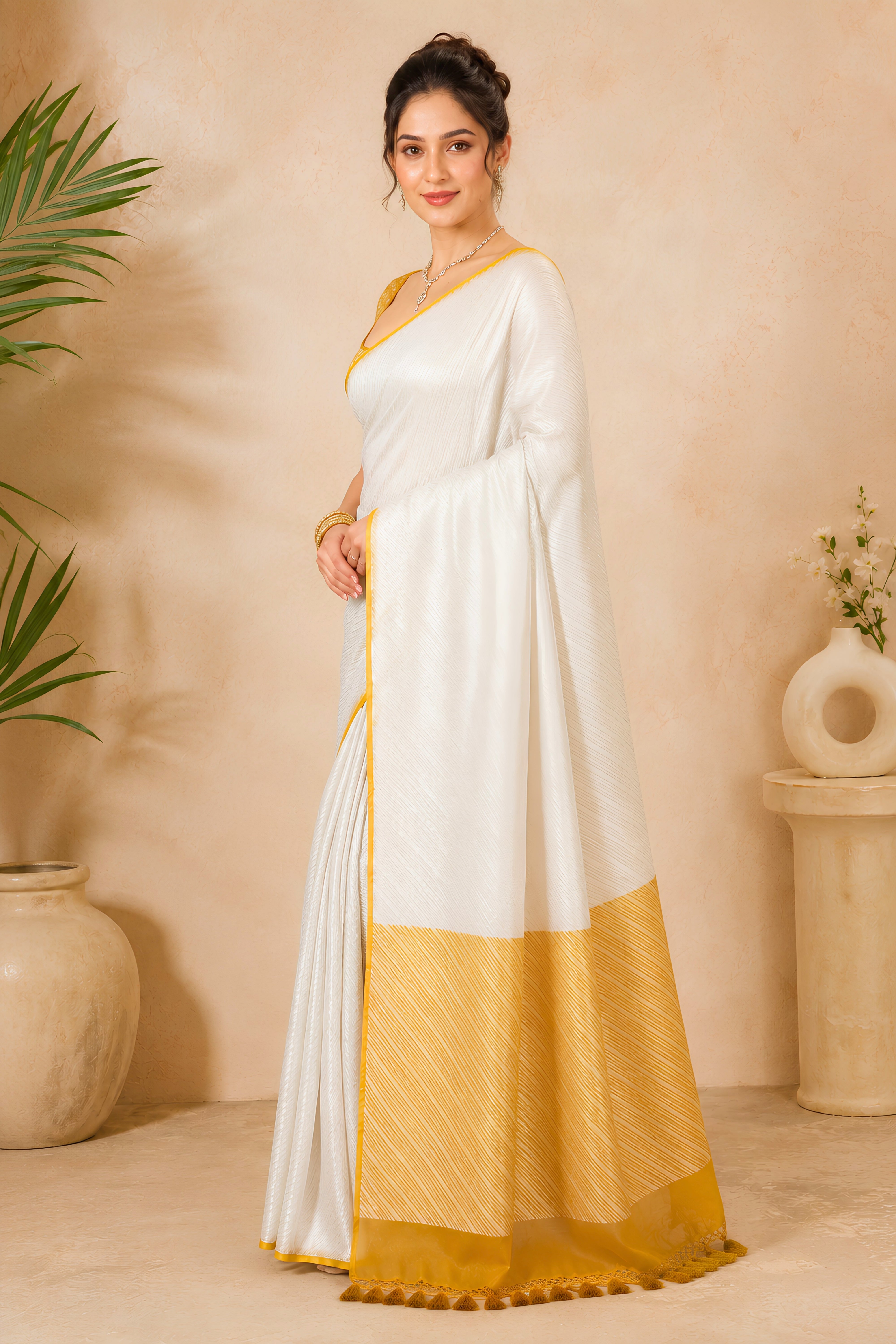 Pristine Silver & Mustard Khadi Stripe Georgette Saree